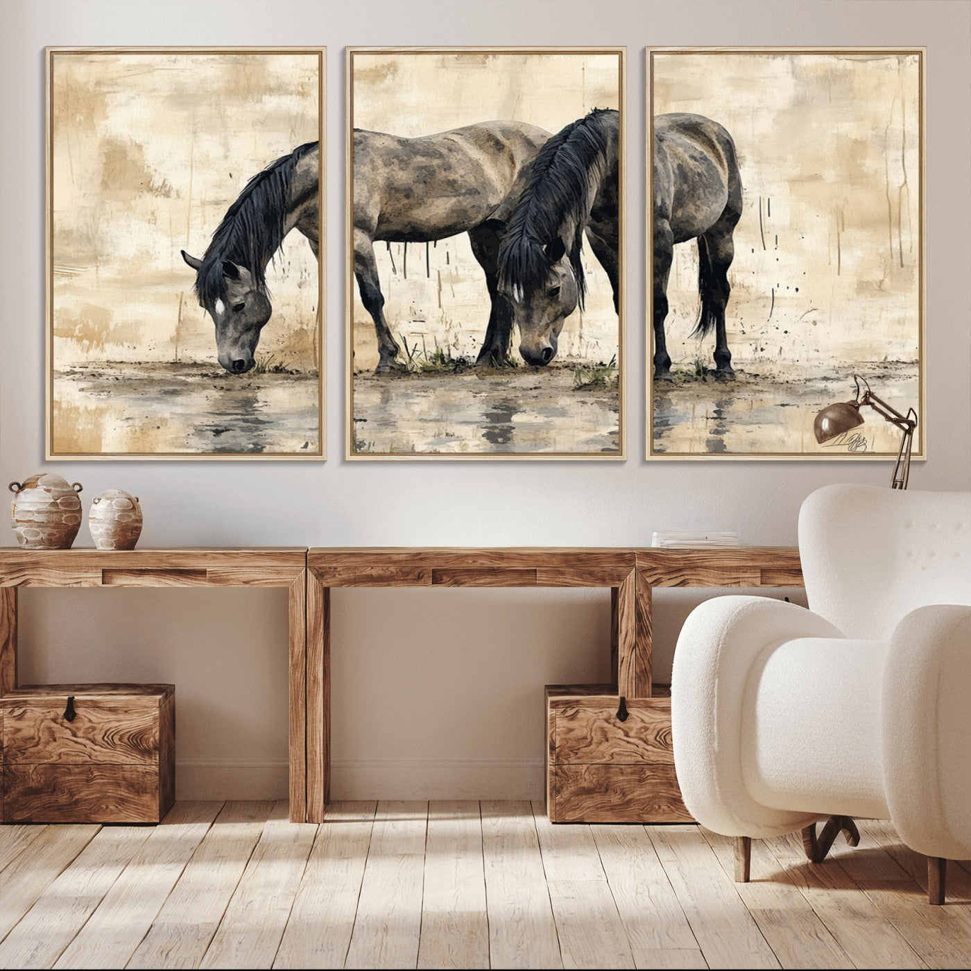 45159-MGV-CV-36X24-Chinese Style Abstract Black Horses Wall Art Canvas Print - Abstract Horse Wall Art Canvas Print
