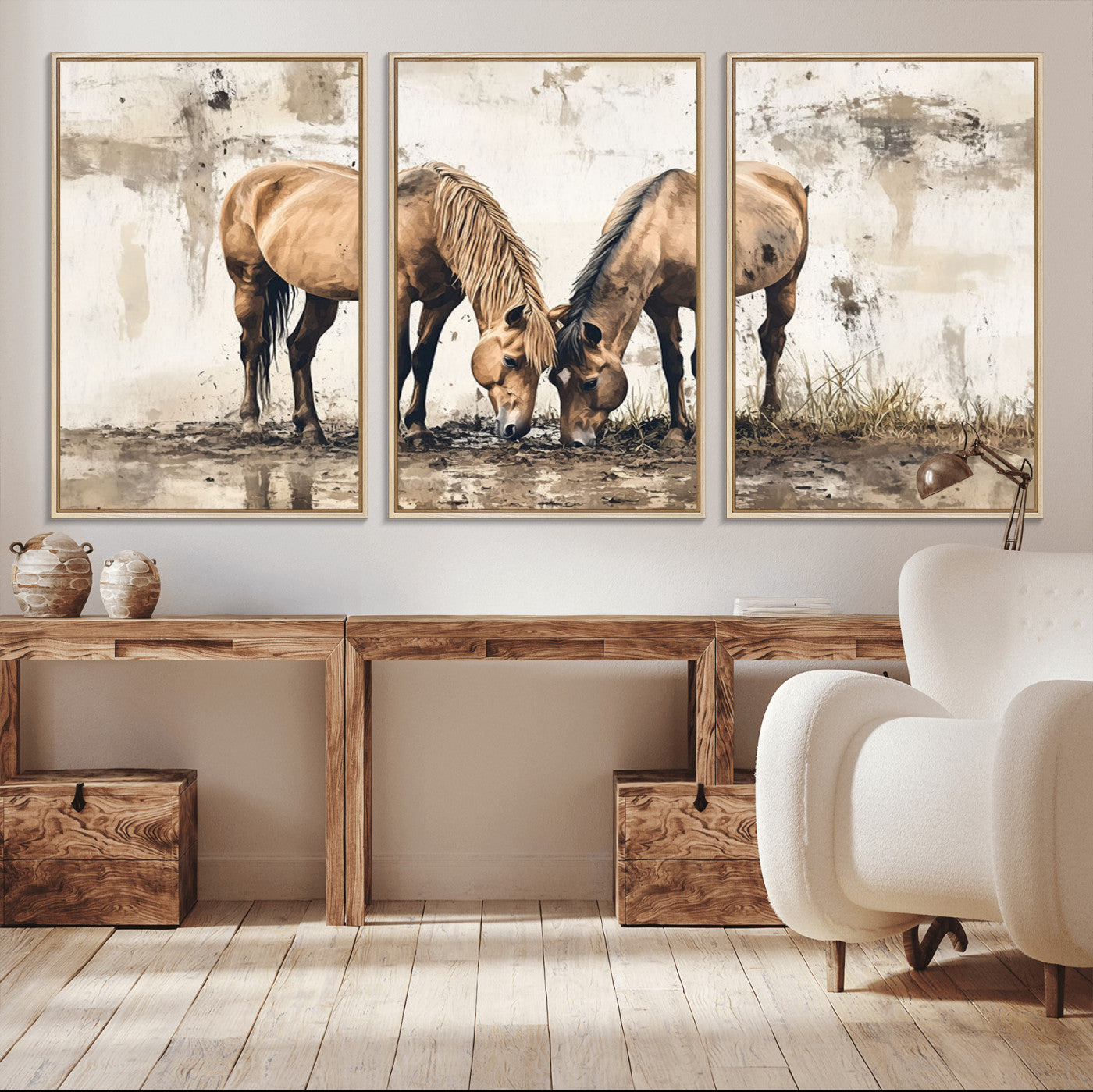 44742-MGV-CV-36X24-Vintage Horses Wall Art | Ready to Hang and Framed Triptych | Western Farmhouse Wall Decor for