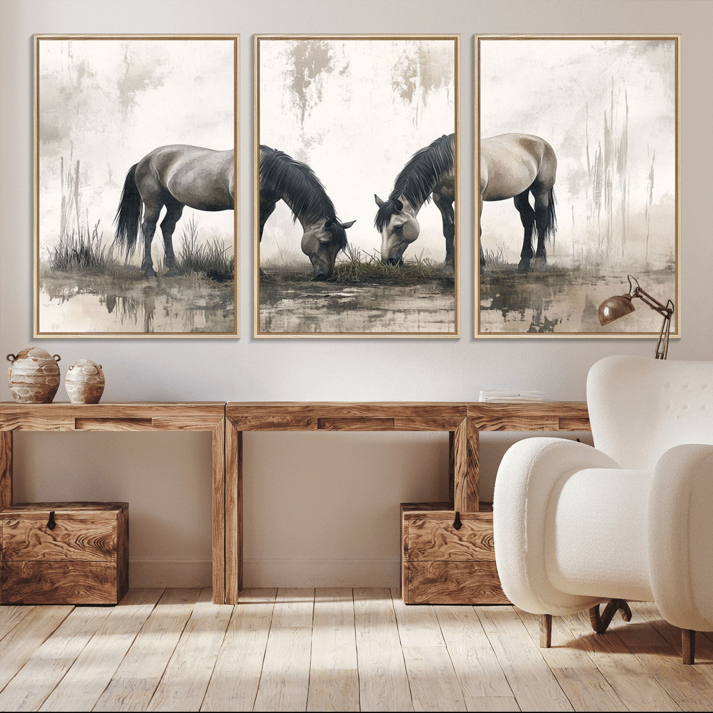 -Chines Ink Style Vintage Horses Wall Art Canvas Print for Farmhouse Wall Decor