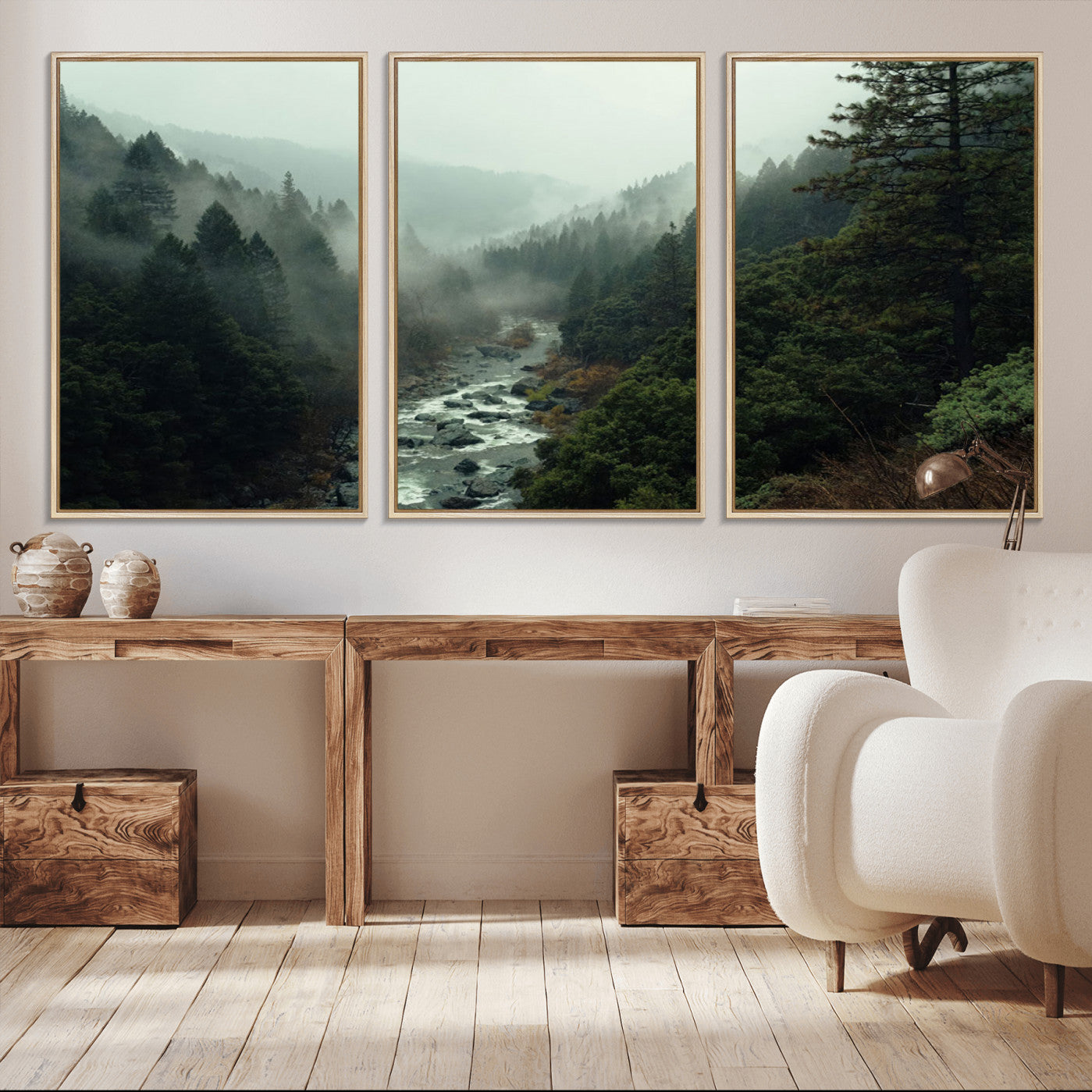 95112-MGV-FC-60X30-3P_Natural-Misty Forest Wall Art | Ready to Hang and Framed | Tranquil Nature Landscape for Living Room or