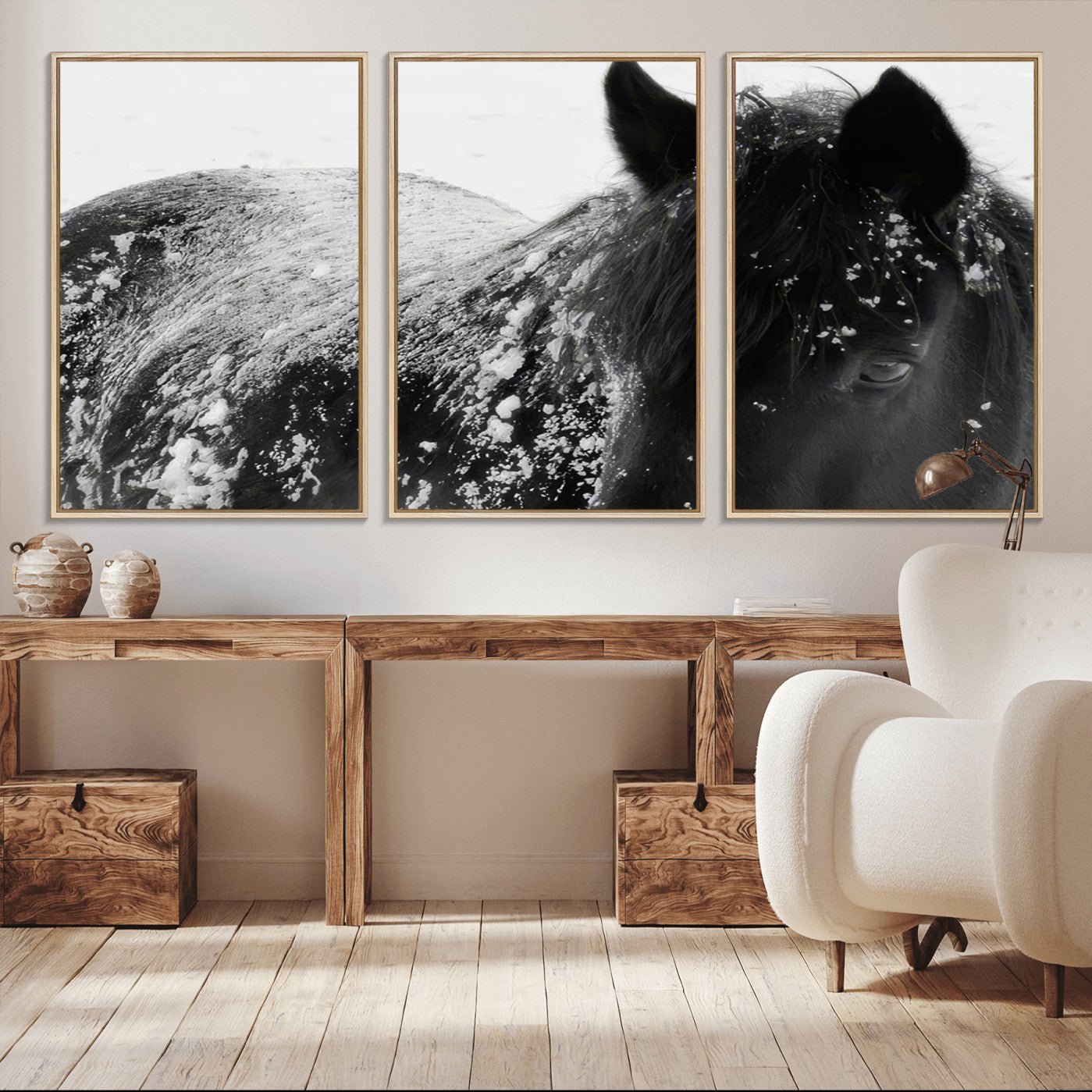 -Black Horse in Snow Canvas Print | Winter Horse Wall Art | Ready to Hang and Framed | Farmhouse Wall