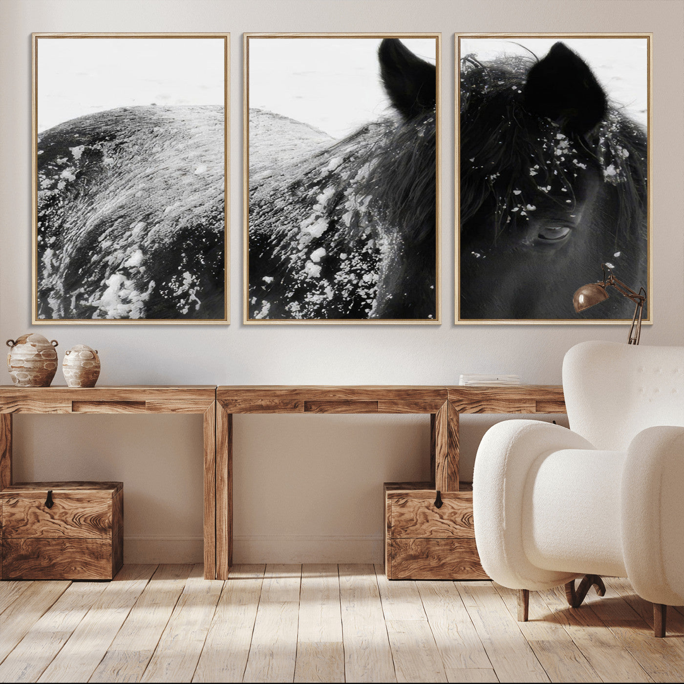 52886-MGV-CV-36X24-Black Horse in Snow Canvas Print | Winter Horse Wall Art | Ready to Hang and Framed | Farmhouse Wall