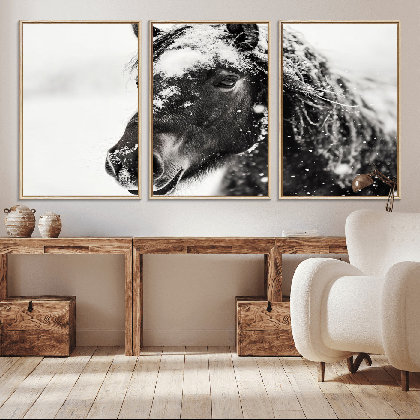 15941-MGV-FC-60X30-3P_Natural-Framed Black and White Horse Wall Art | Ready to Hang and Framed | Farmhouse and Western Wall Decor