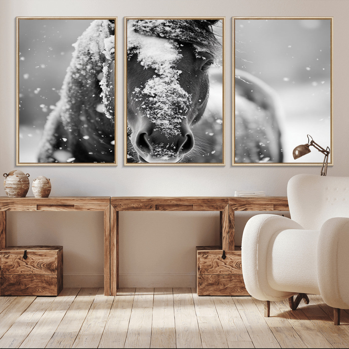 72248-MGV-FC-60X30-3P_Natural-Black and White Horse Winter Wall Art | Ready to Hang and Framed | Farmhouse Wall Decor | Western