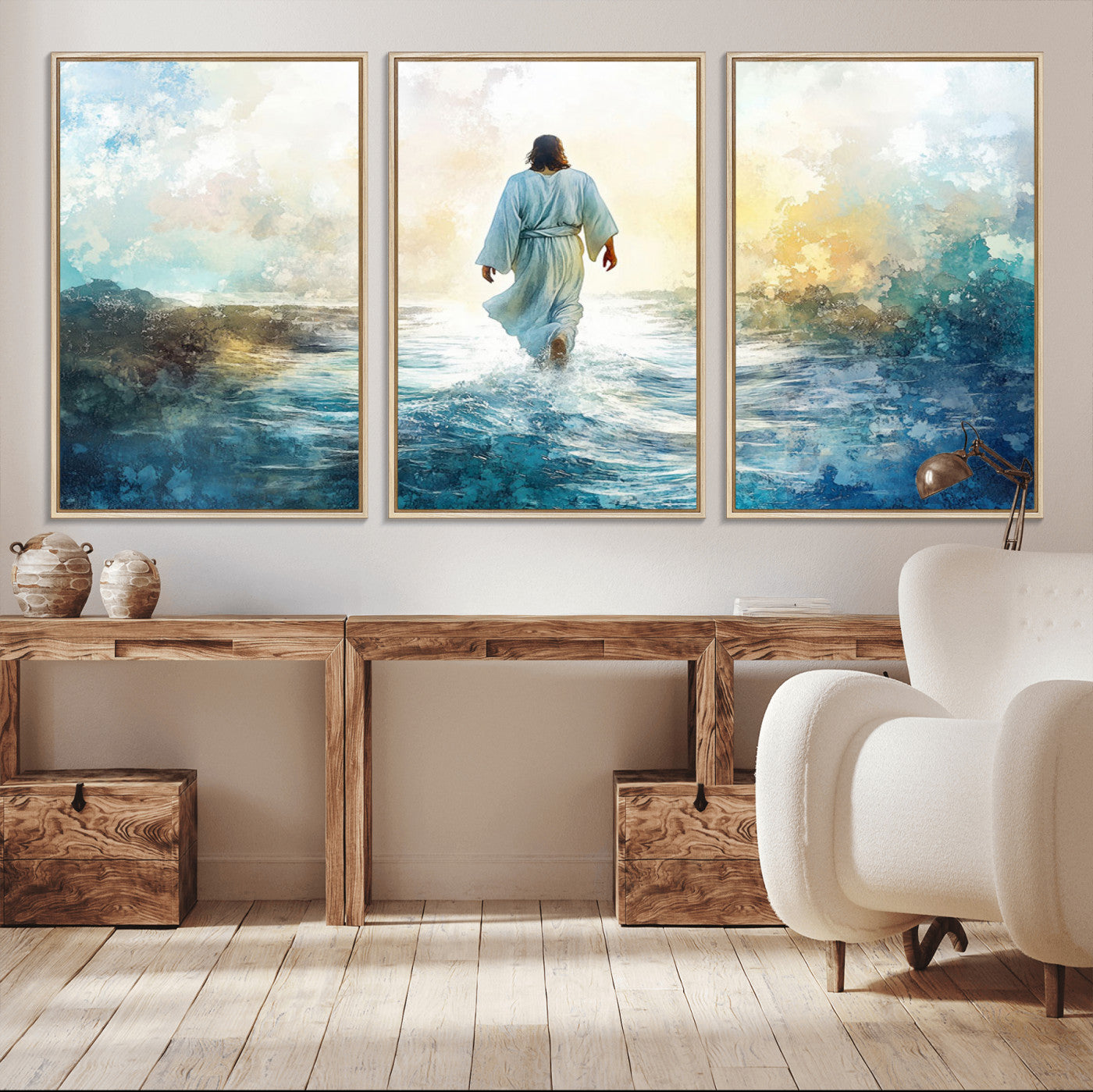 -Watercolor Jesus Walking on Water Canvas Print, Christian Wall Art, Jesus Christ Walking