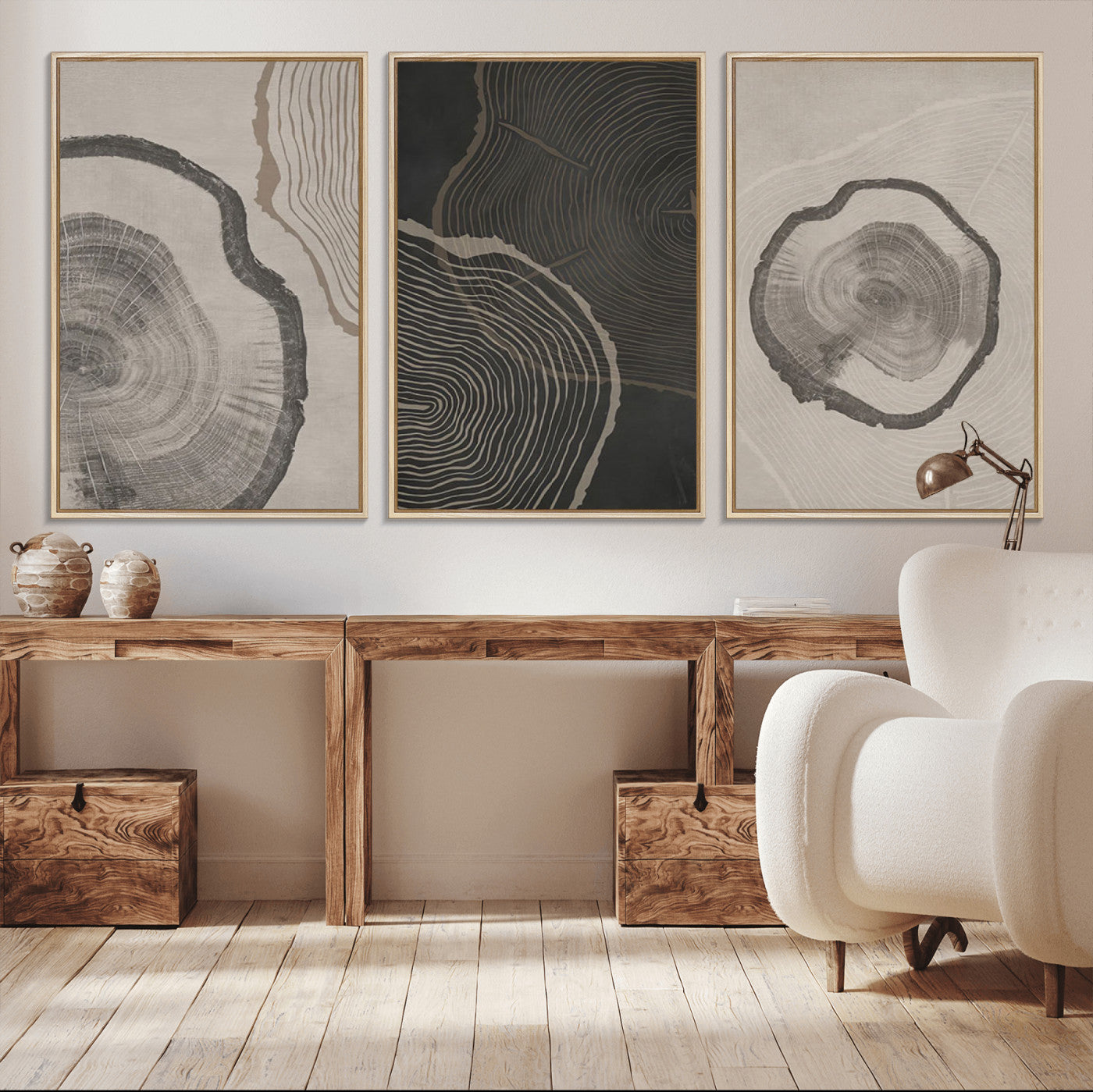 25407-MGV-CV-36X24-Modern Abstract Tree Ring Canvas Art Set | 3 Panel Large Tree Ring Design for Living Room, Office,