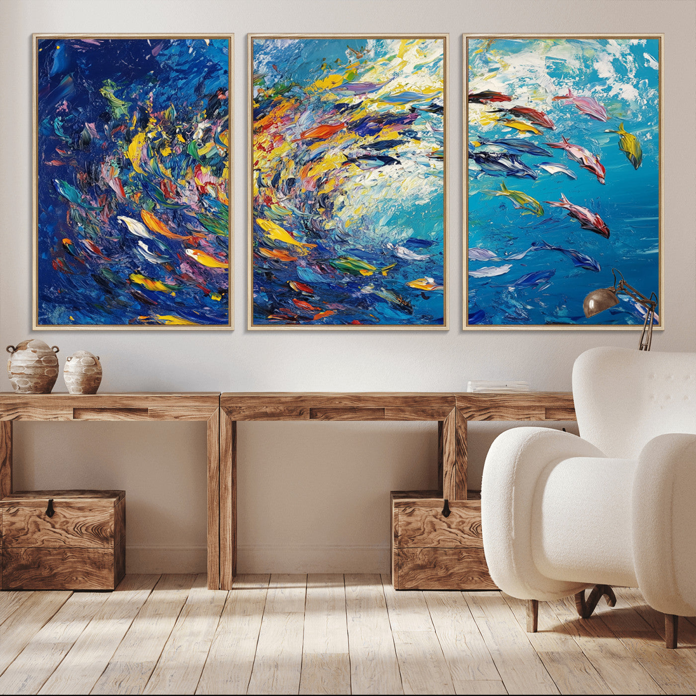 48161-MGV-FC-60X30-3P_Natural-Colorful Swirling Fish School Wall Art Canvas Print | Oceanic Abstract Painting | Ready to Hang |