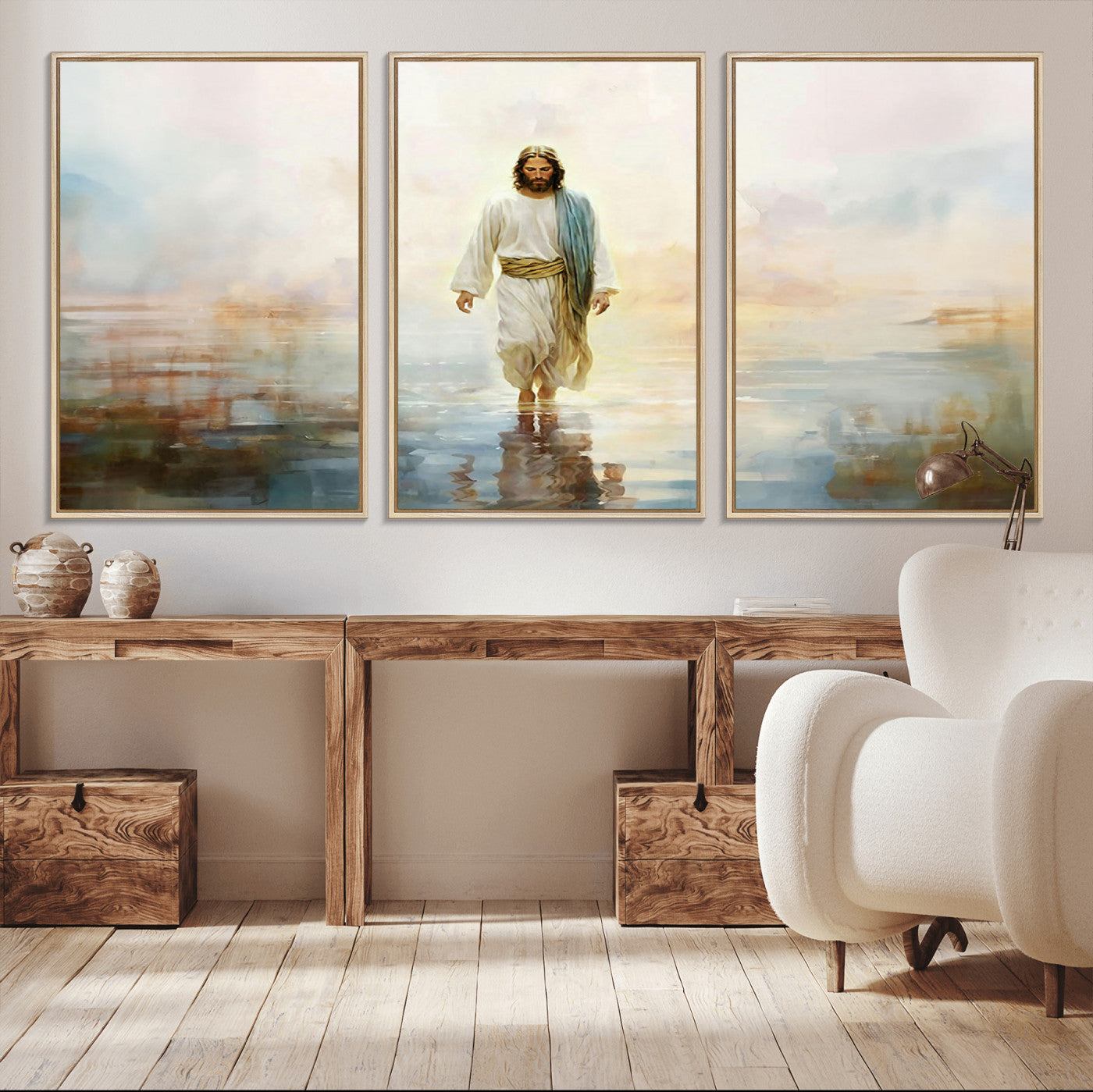 41795-MGV-CV-36X24-Framed Jesus Walking on Water Wall Art - 3-Panel Christian Canvas Prints, Religious Artwork for