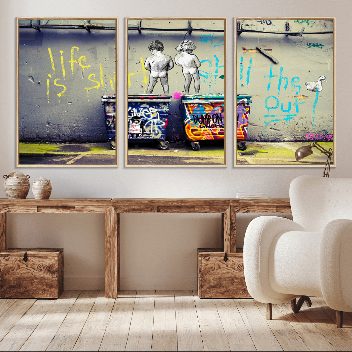 BanksSort-MGV-FC-60X30-3P_Natural-Banksy Life is Short Wall Art - Iconic Graffiti Art on Framed Ready-to-Hang Canvas - Street Art