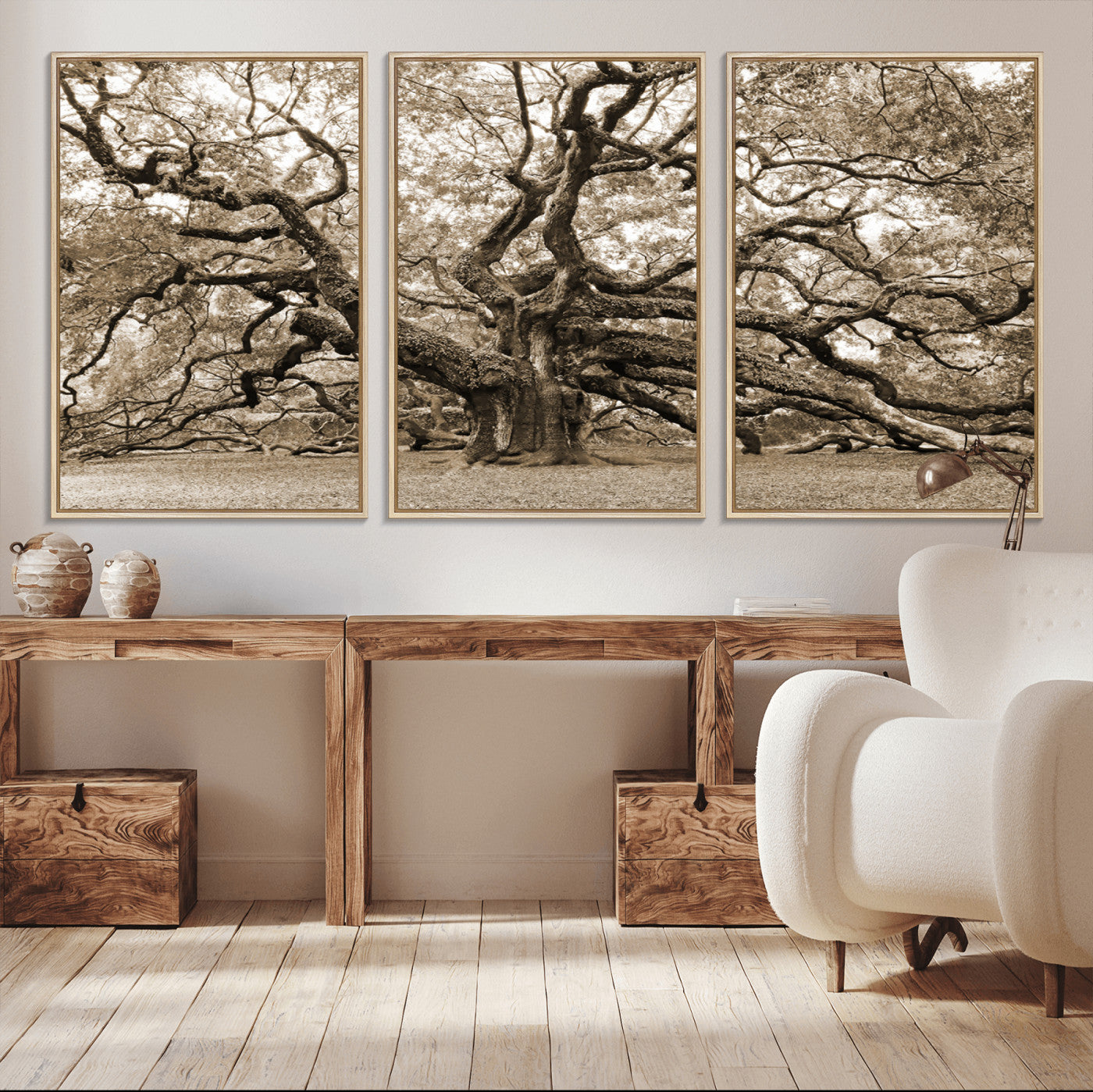 51126-MGV-FC-60X30-3P_Natural-Sepia Framed Angel Oak Tree Wall Art - 3-Panel Canvas Prints, Large Green Nature Artwork, Ready to