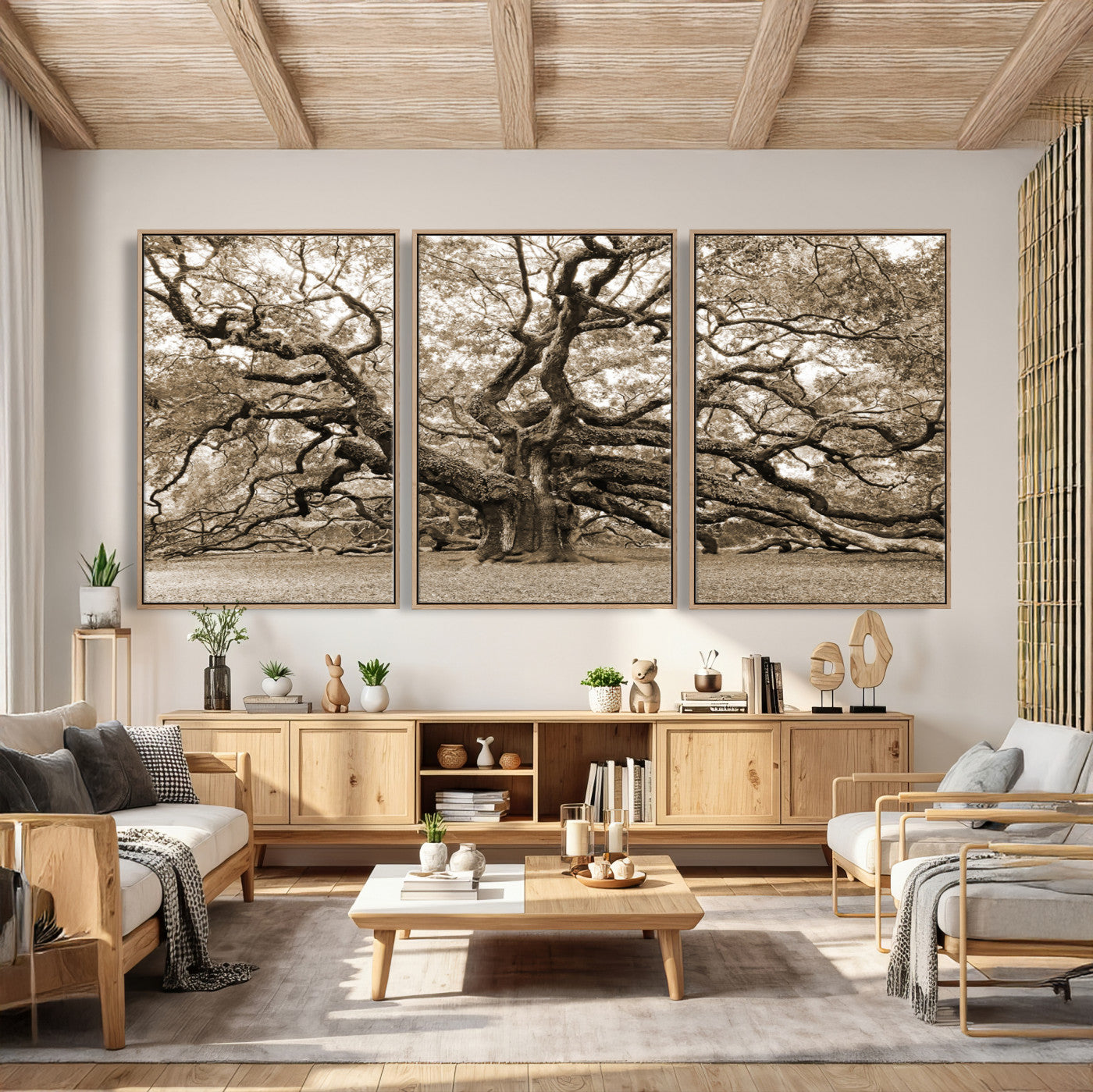51126-MGV-CV-36X24 - Sepia Framed Angel Oak Tree Wall Art - 3-Panel Canvas Prints, Large Green Nature Artwork, Ready to