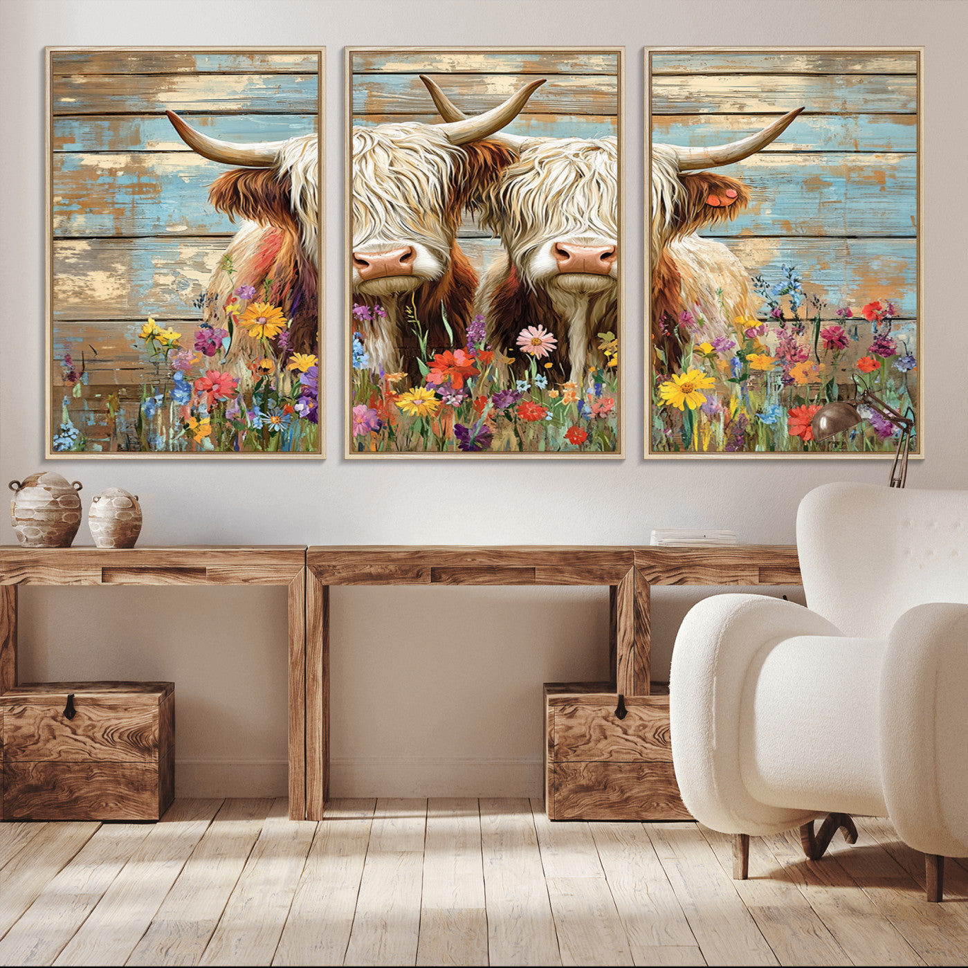 -Cute Highland Cow Canvas Wall Art - Rustic Farmhouse Decor with Colorful Flowers Perfect Wall Art