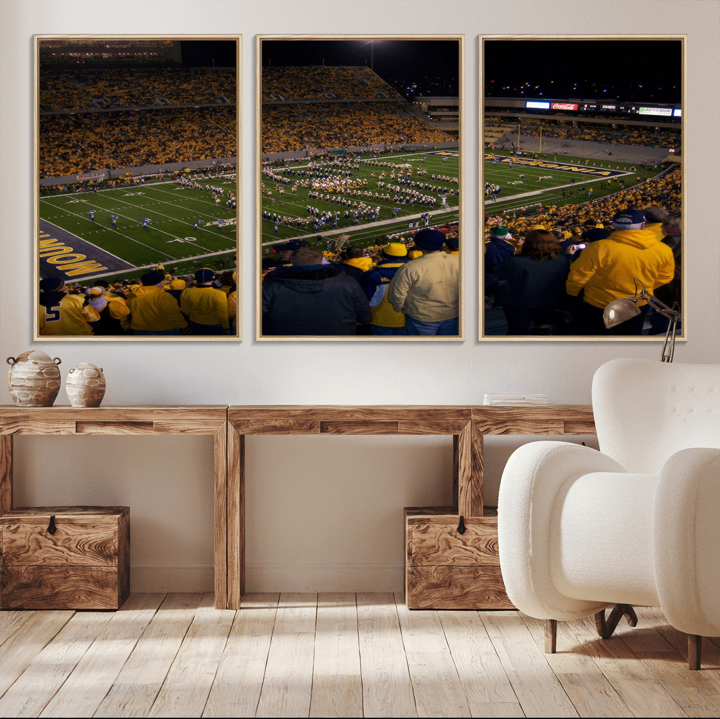 58154-MGV-FC-60X30-3P_Natural-West Virginia Uni Mountaineers Football Team Print - Milan Puskar Stadium Canvas Print Wall Art,