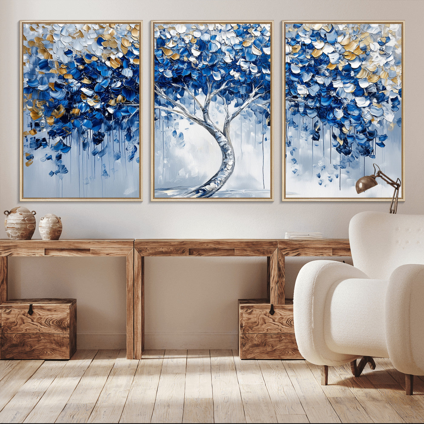 62350-MGV-CV-36X24-Blue and Gold Abstract Tree Wall Art Canvas Print | Modern Tree of Life Painting | Framed Canvas