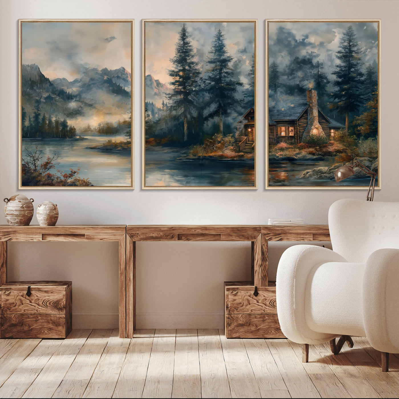 99088-MGV-FC-60X30-3P_Natural-Rustic Cabin Woods Wall Art Print | Lake in a Forest Canvas Print | Cabin, Lodge, and Farmhouse