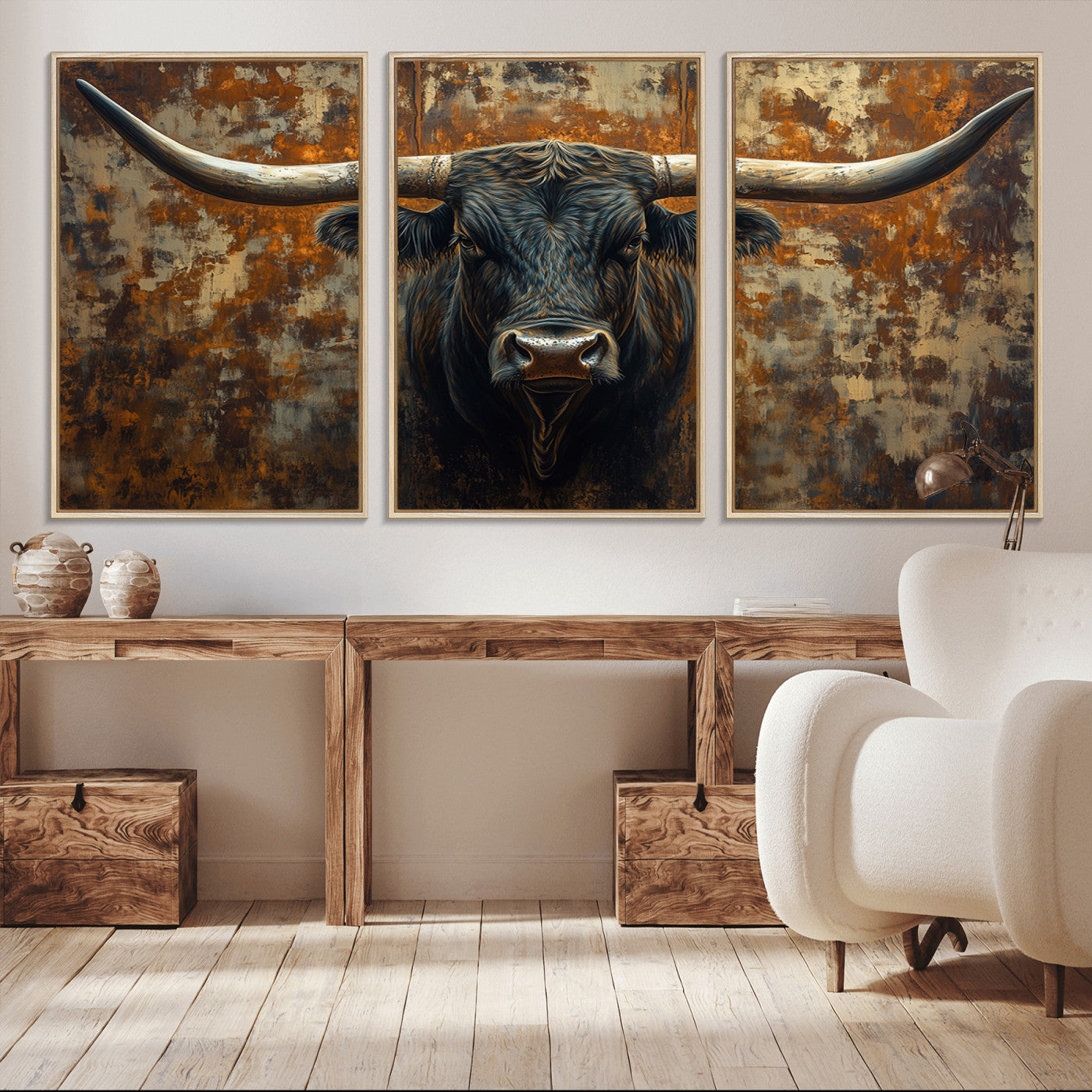 -Longhorn Texas Cow Bull Wall Art | Rustic Farmhouse Canvas Print | Ready to Hang Barn Decor for
