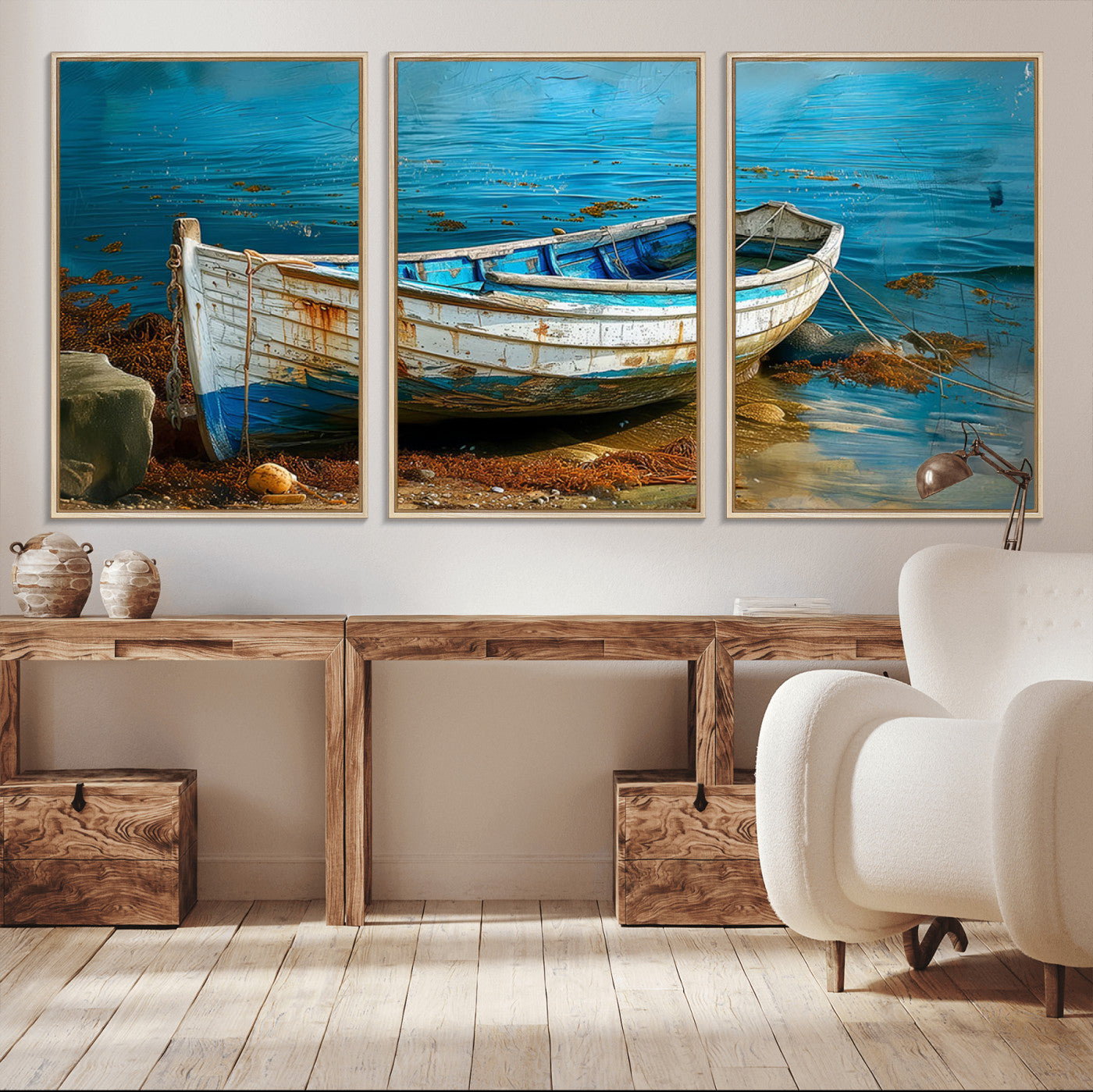 54716-MGV-CV-36X24-Vintage Boat on Tranquil Waters | Coastal Wall Art for Nautical Decor | Rustic Triptych Canvas Print