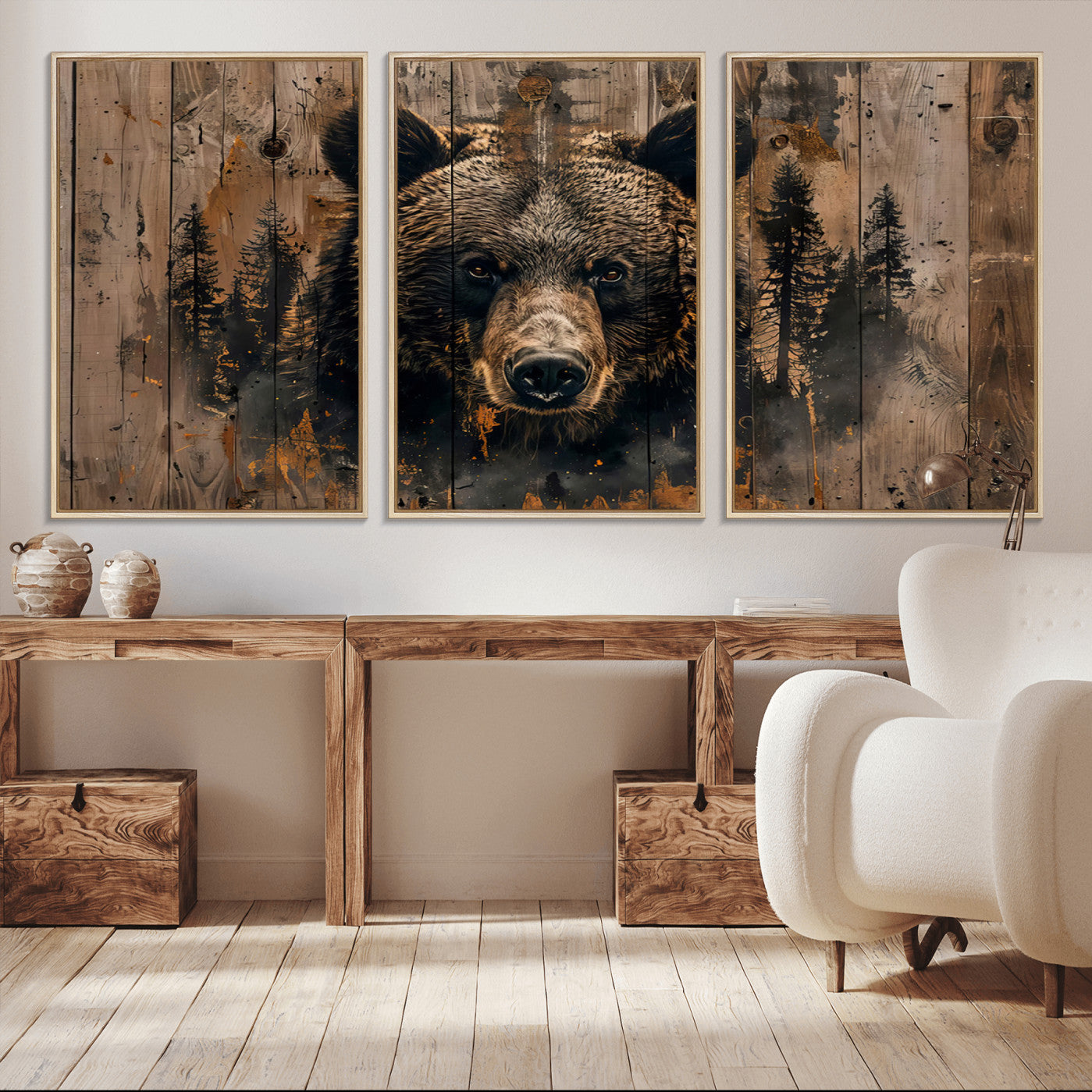 76998-MGV-FC-60X30-3P_Natural-Rustic Grizzly 399 Wall Art | Triptych Canvas Print | Rustic Cabin Wall Decor | Perfect for