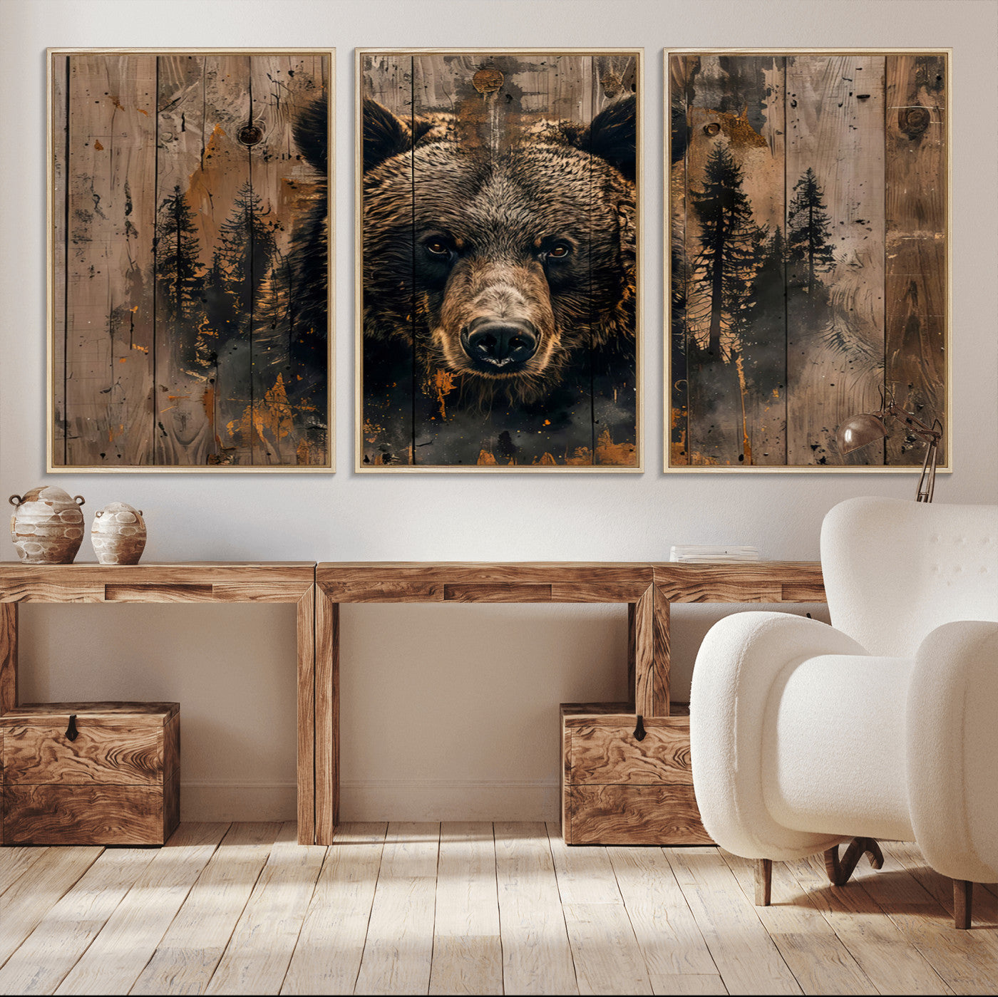 76998-MGV-FC-60X30-3P_Natural-Rustic Grizzly 399 Wall Art | Triptych Canvas Print | Rustic Cabin Wall Decor | Perfect for