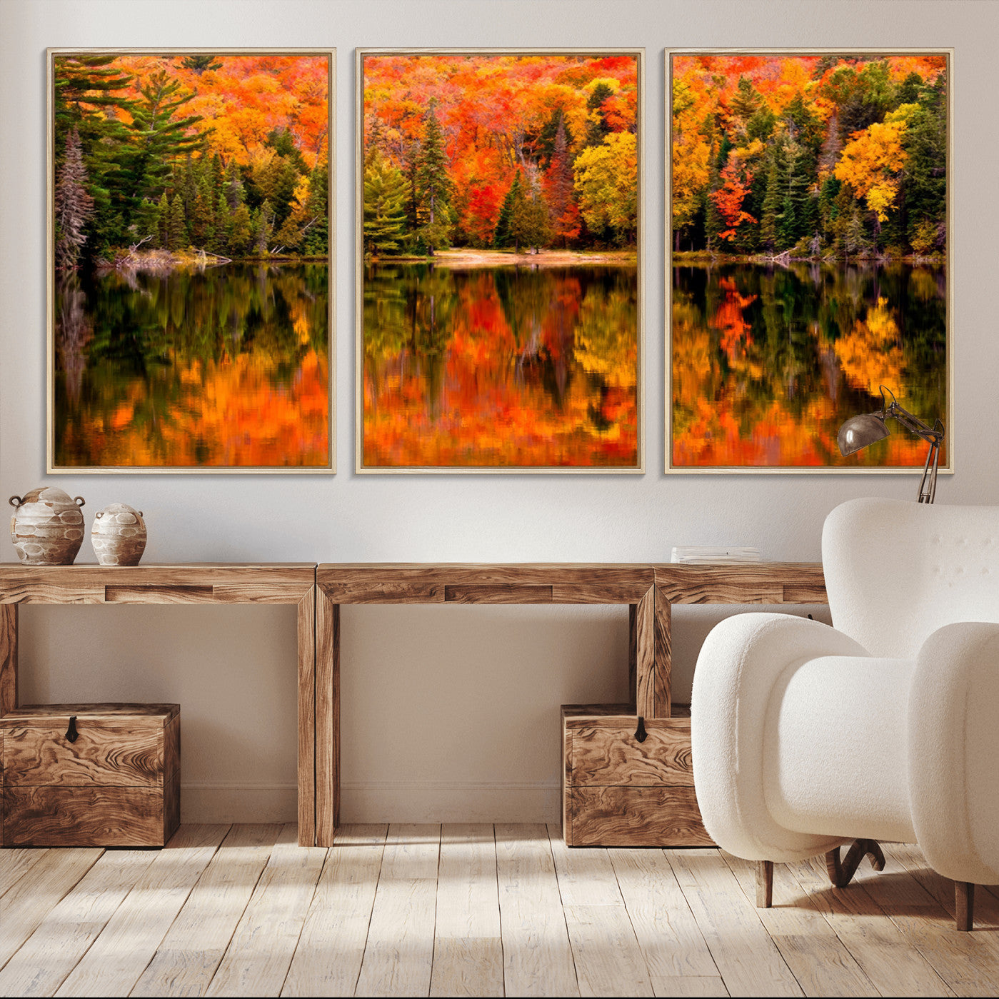 -Forest Reflection Art | Autumn Forest Reflection Wall Art | Triptych Canvas Print | Vibrant Fall