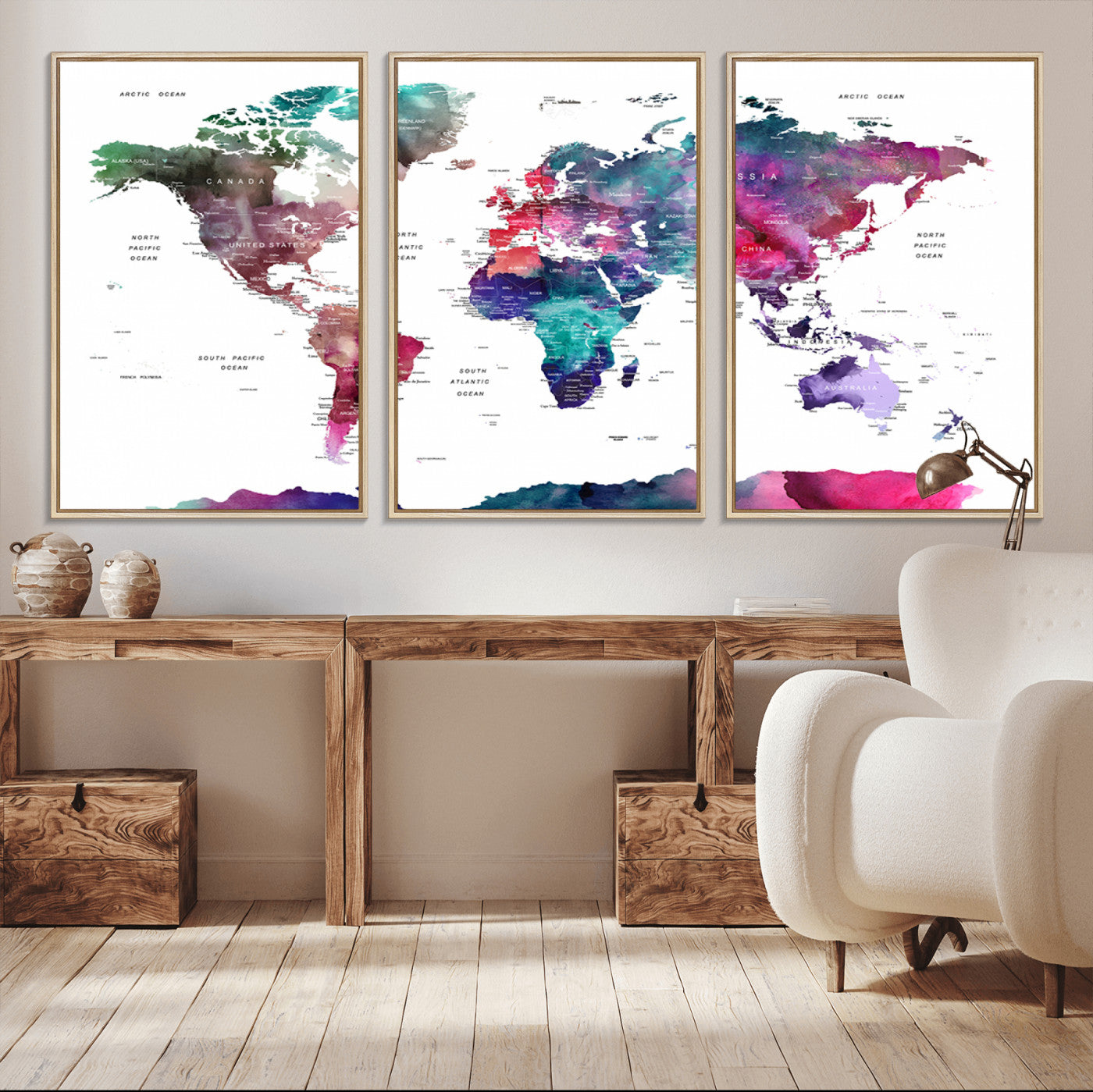 78176-MGV-CV-36X24-Colorful Watercolor World Map Canvas Wall Art – Framed Modern Map Print, Vibrant Travel Inspired Artwork for Home and Office Decor