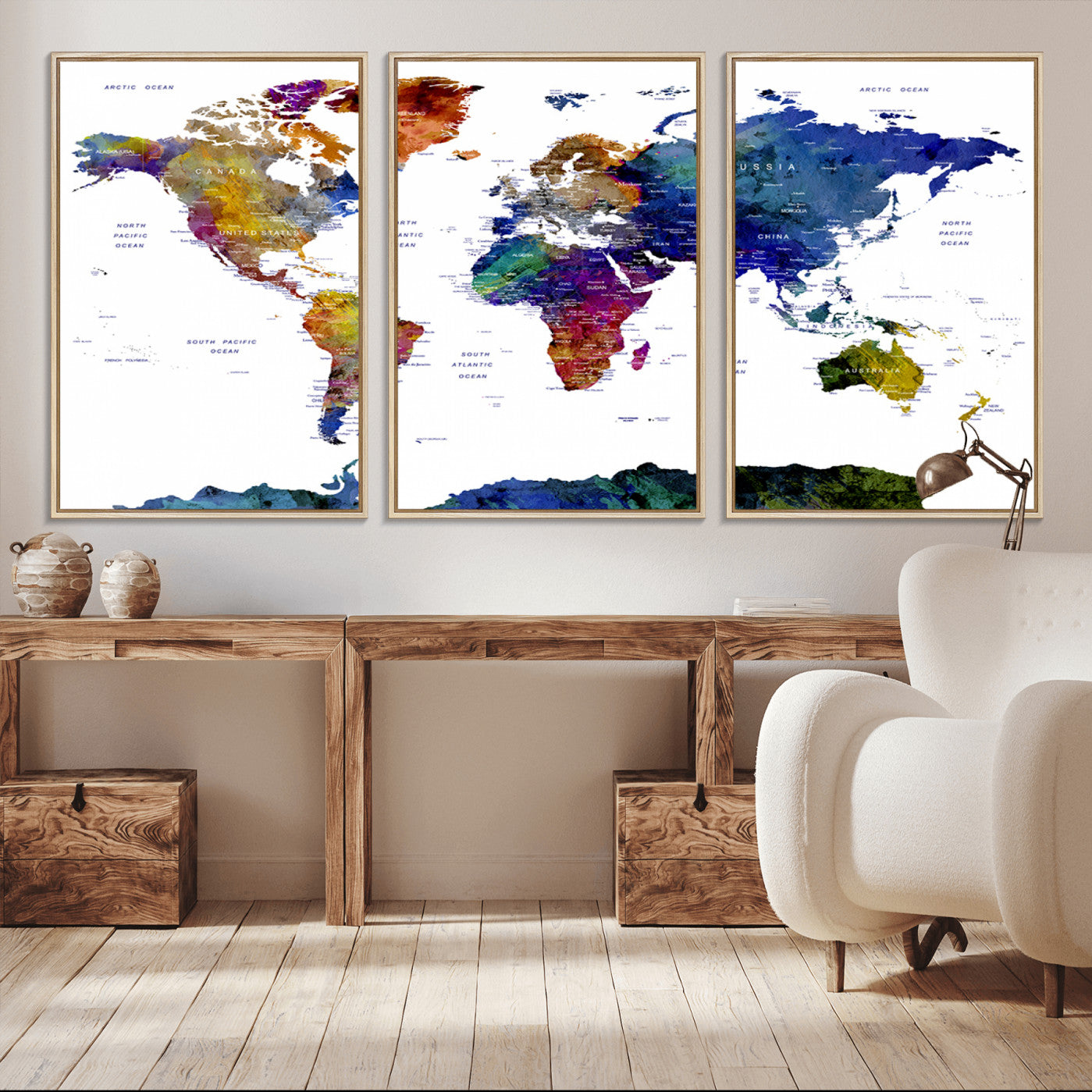 90446-MGV-CV-36X24-Colorful Watercolor World Map Canvas Wall Art – Framed Modern Push Pin Travel Map for Home and Office Decor