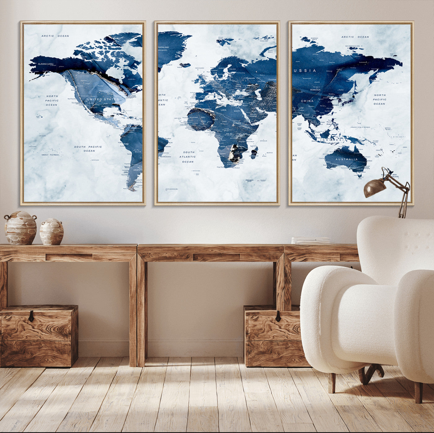 -Modern Blue Marble World Map Canvas Print – Framed Push Pin Wall Art, Elegant Travel Map Artwork for Home Office or Living Room Decor
