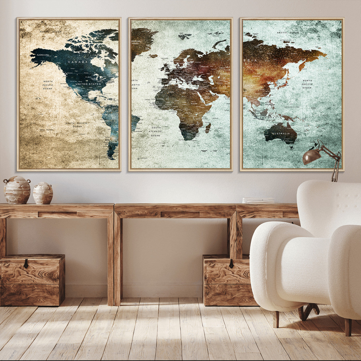 25140-MGV-CV-36X24-World Map Canvas Print – Framed Vintage Style Push Pin Wall Art, Elegant Travel Map Decor for Home or Office