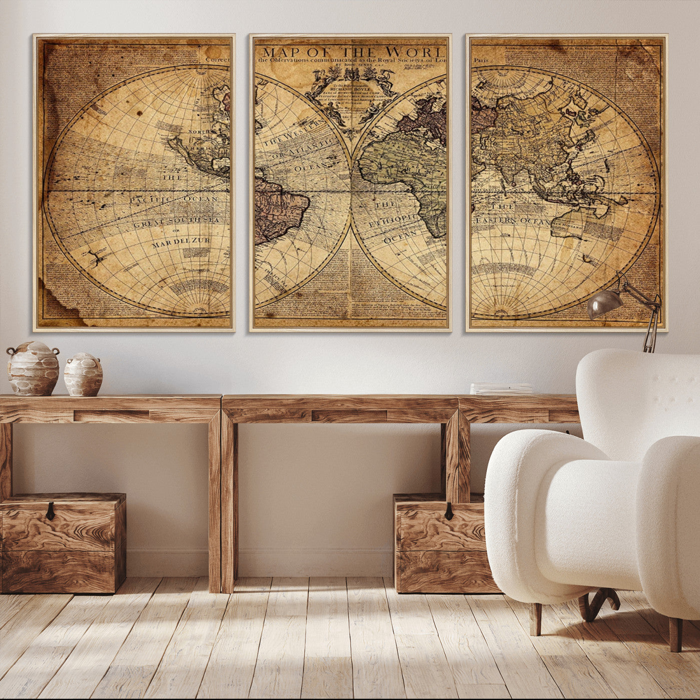 -Vintage World Map Wall Art Canvas – Antique Style Push Pin Travel Map, Framed Decorative Wall Decor for Home, Office