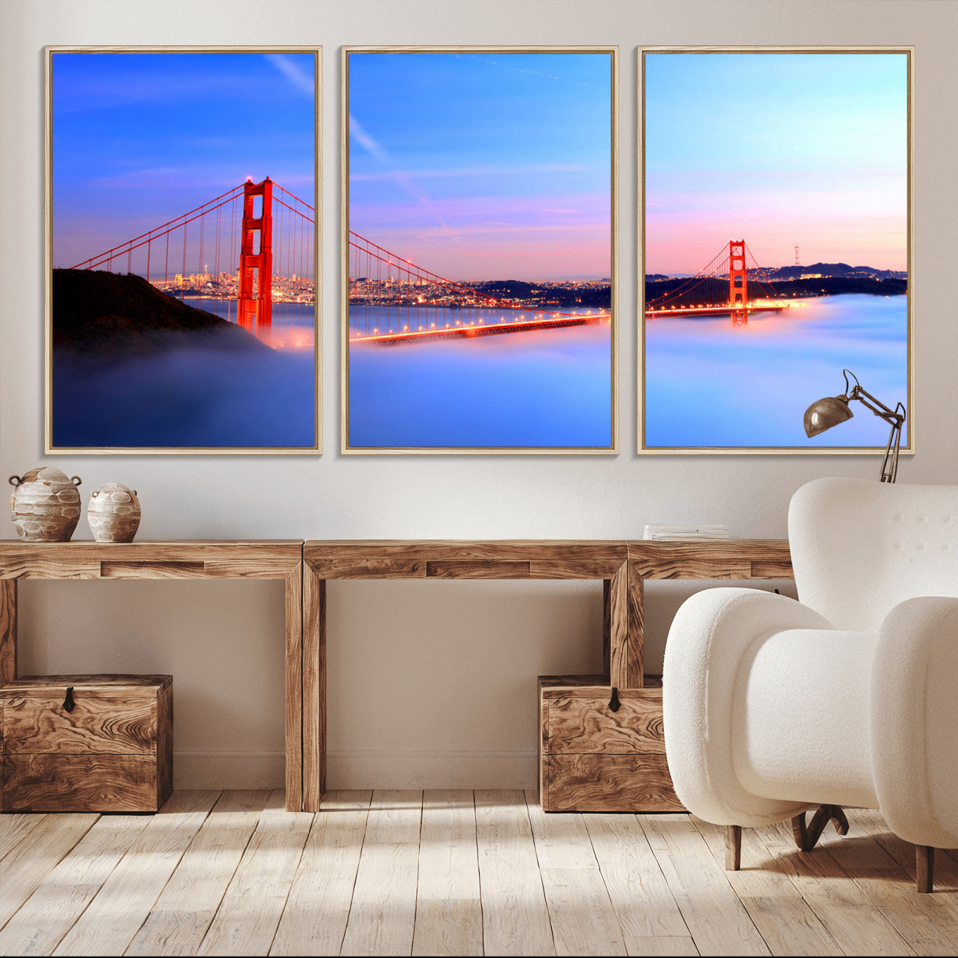 MGV-FC-60X30-3P - Golden Gate Bridge Wall Art Print, San Francisco Sunset Canvas Wall Art, Cityscape Canvas Print for