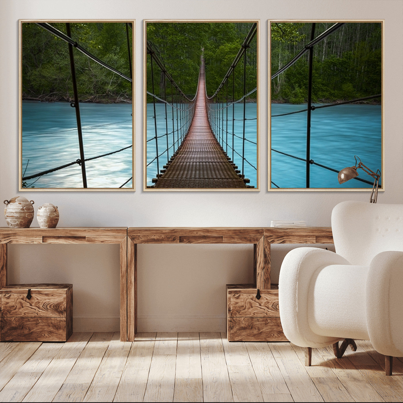-Suspension Bridge Over River Canvas Art | 3-Panel Nature Photography | Scenic Wall Art for Living