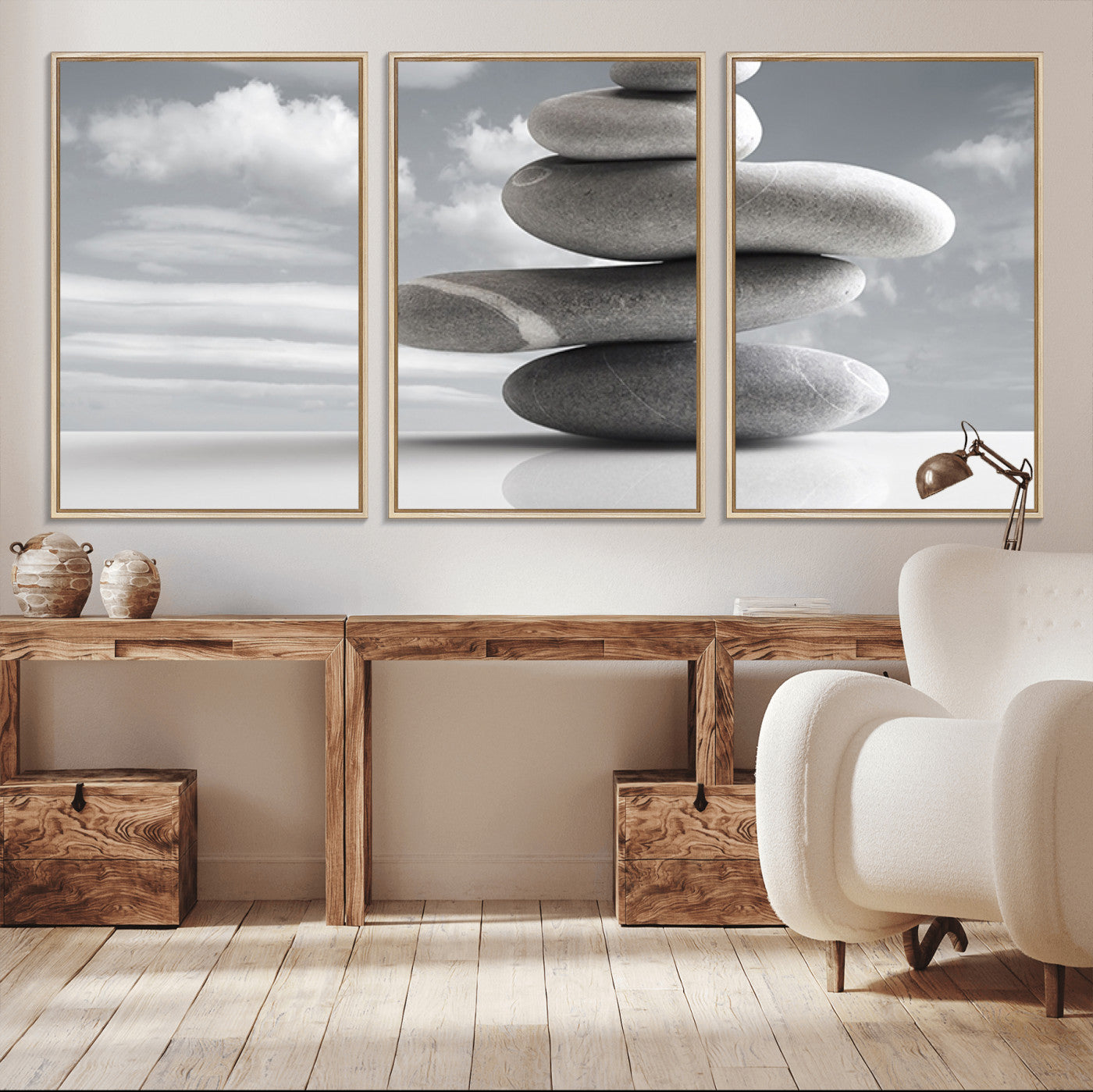 14496-MGV-CV-36X24-Still Life Black and White Zen Stones Wall Art Canvas, Framed Black and White Zen Stones Canvas