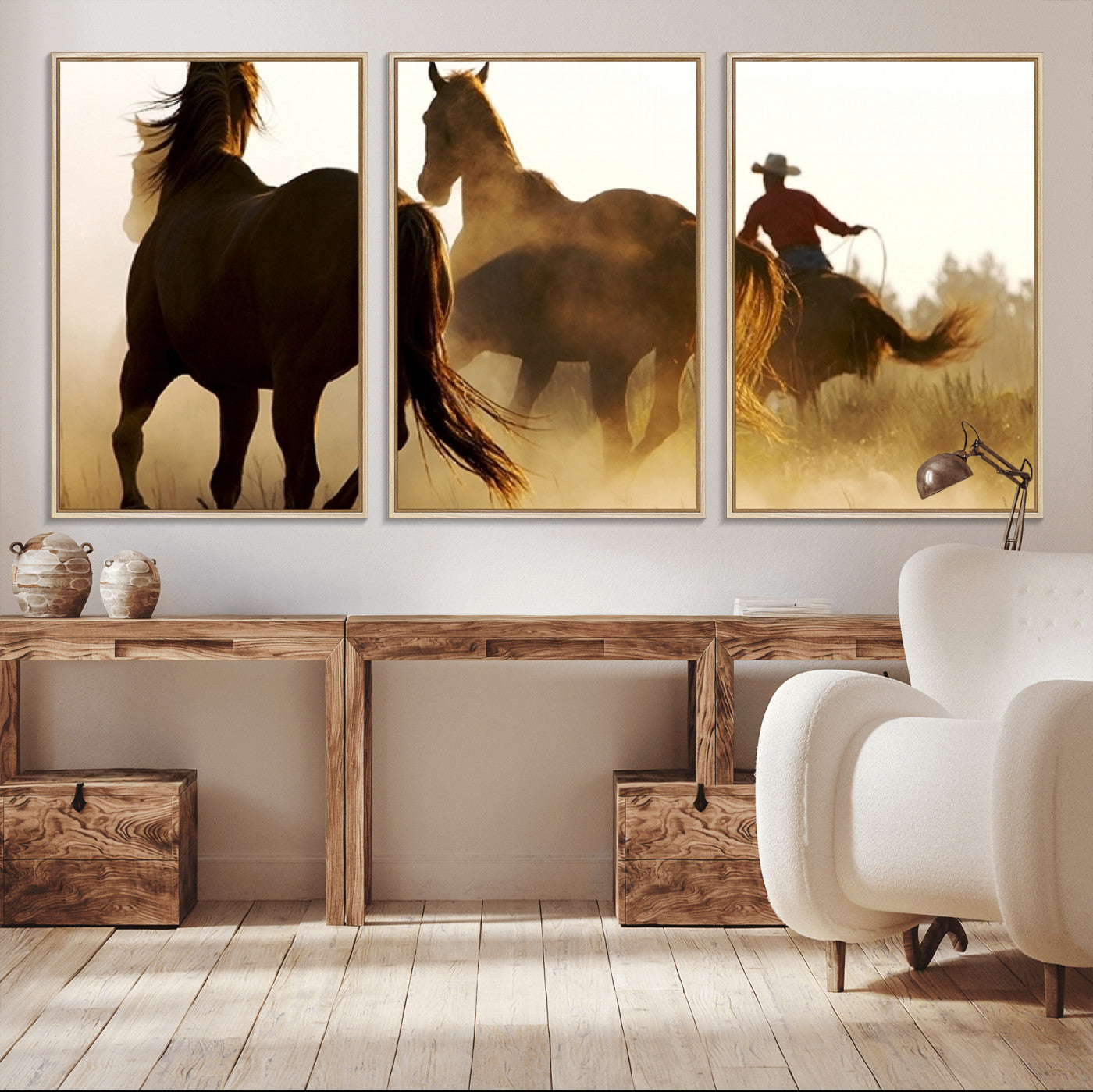 49068-MGV-FC-60X30-3P_Natural-Horses and Cowboys Wall Art Canvas Print