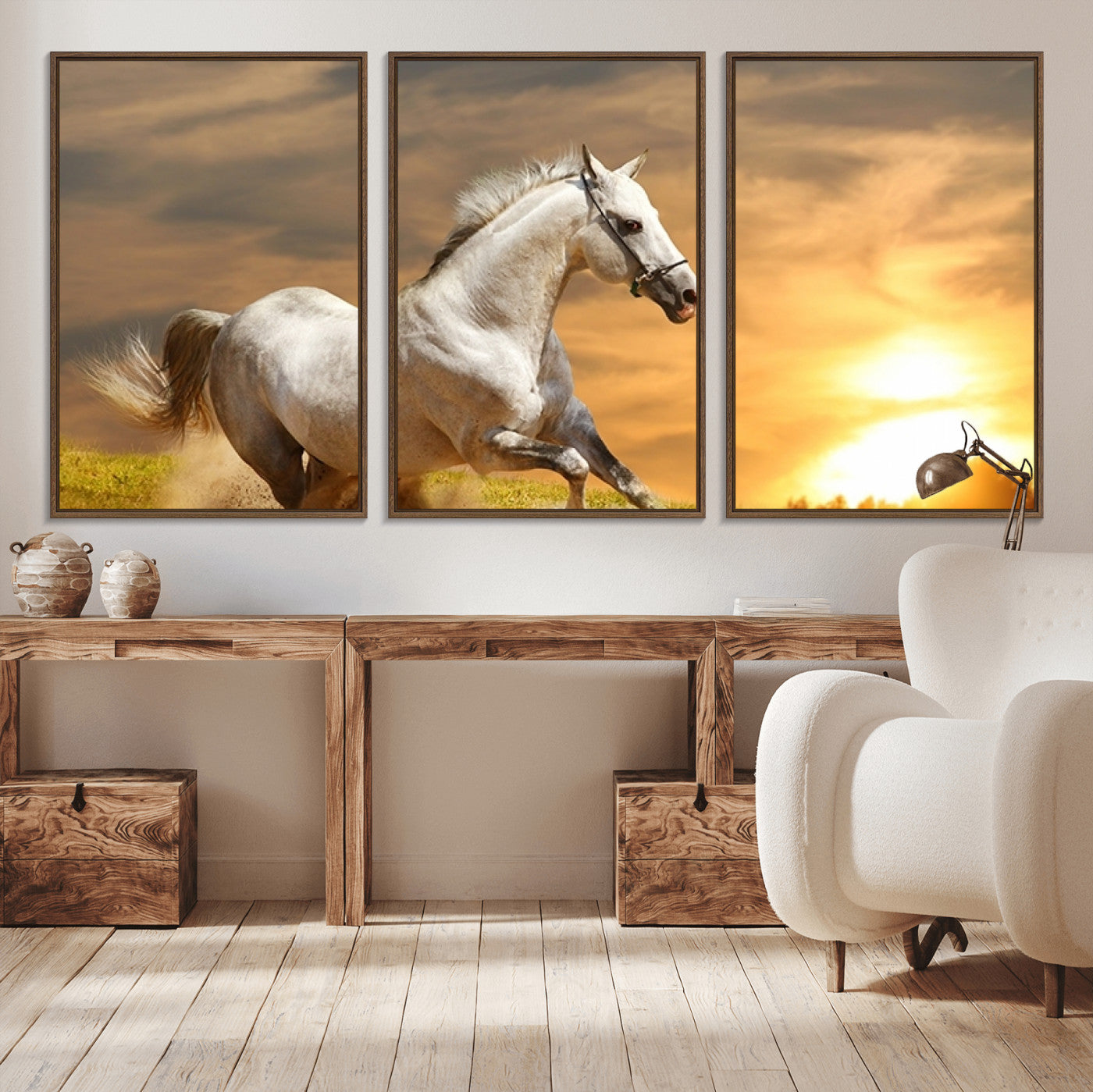 -Large Wall Art Galloping White Horse at Sunset Canvas Print