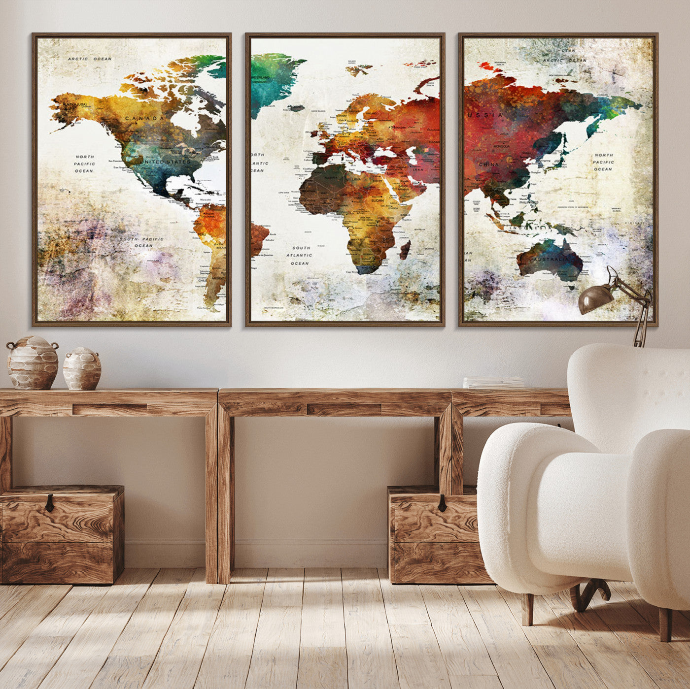 92207-MGV-CV-36X24-Watercolor World Map Canvas Print – Framed Push Pin Wall Art for Couples, Artistic Travel Map for Modern Home and Office Decor