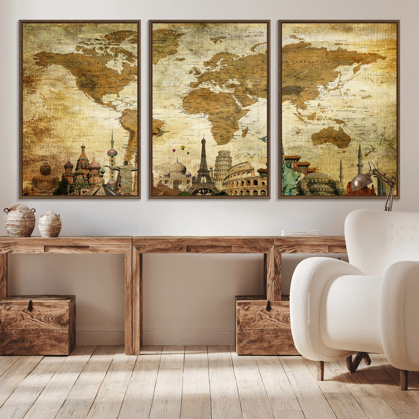 97849-MGV-CV-36X24-Vintage World Map Canvas Wall Art – Framed Push Pin Travel Map with Famous Landmarks, Rustic Home and Office Decor Artwork for Travelers