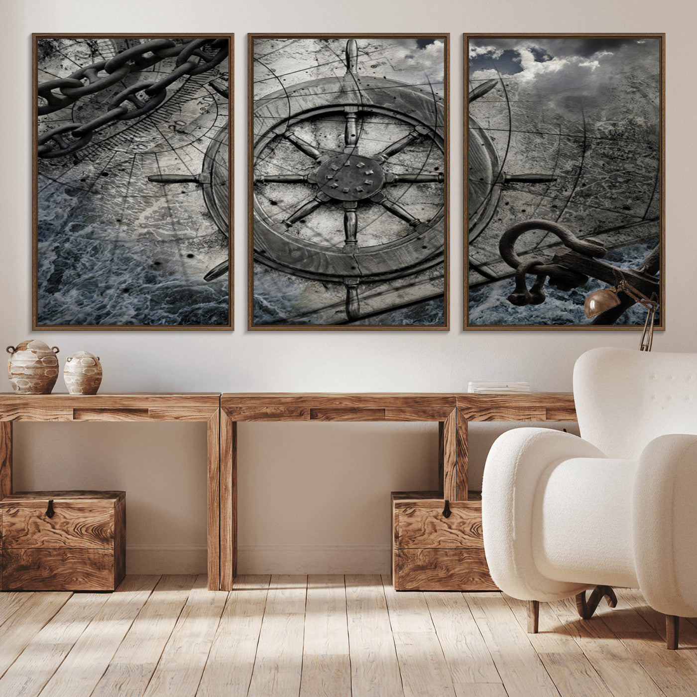 -Ship Steering Wheel Vintage Wall Art Canvas Print