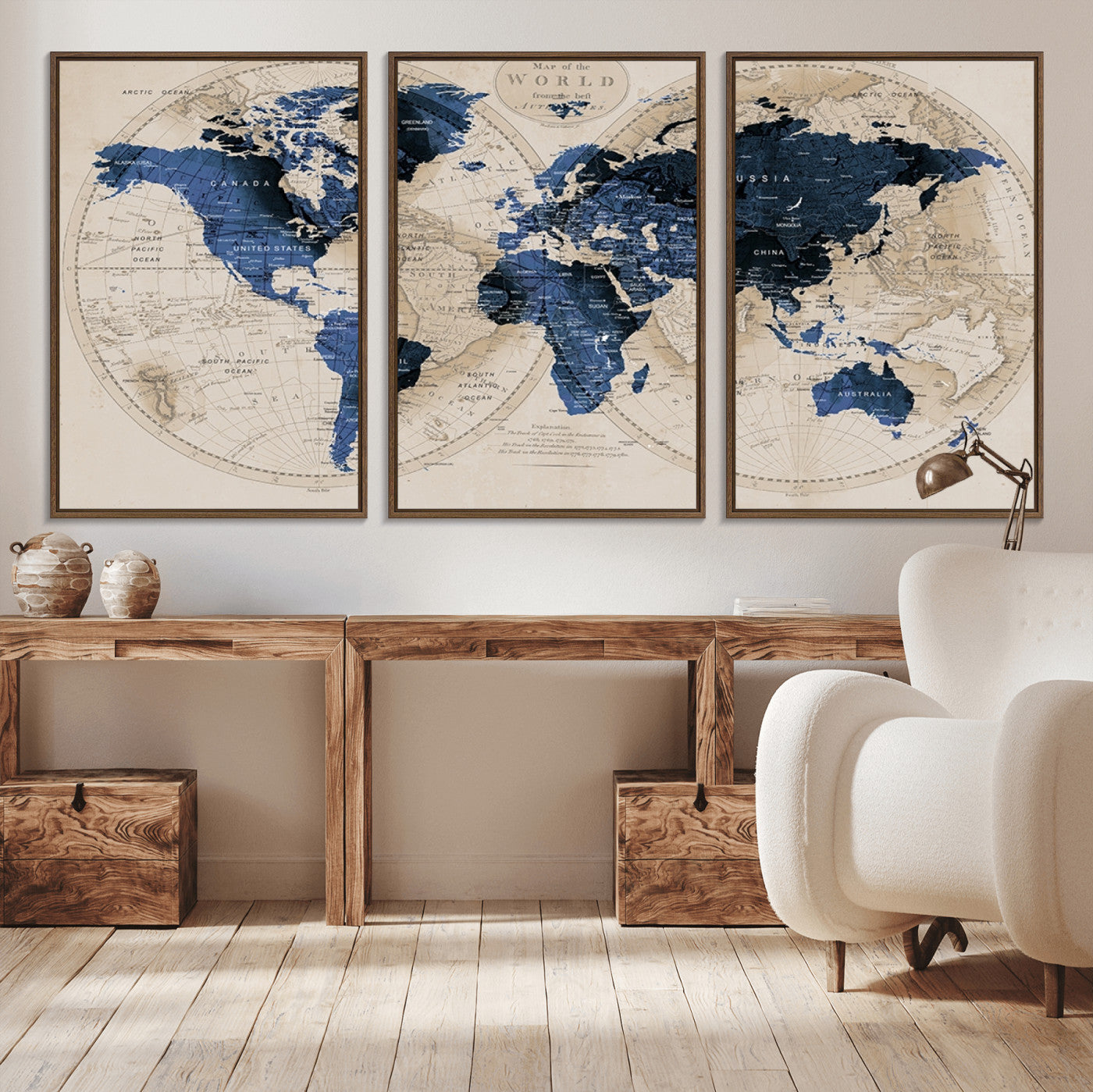 67444-MGV-FC-60X30-3P_Walnut-Vintage Blue World Map Canvas Wall Art – Antique Style Framed Map Print, Elegant Travel Decor for Home Office or Study