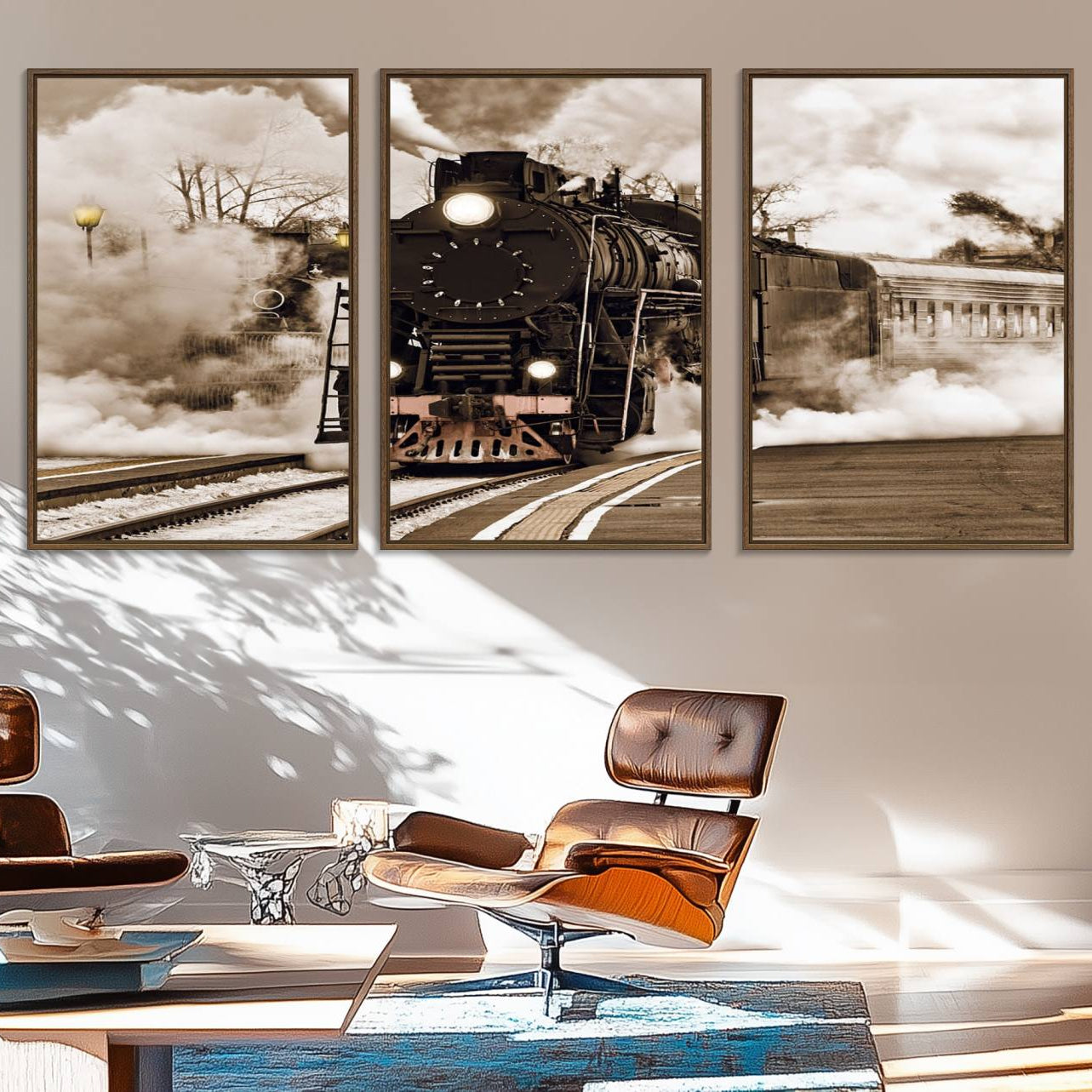 31136-MGV-FC-60X30-3P_Walnut-Black Steam Train Canvas Wall Art Print Steam Locomotive Art Canvas