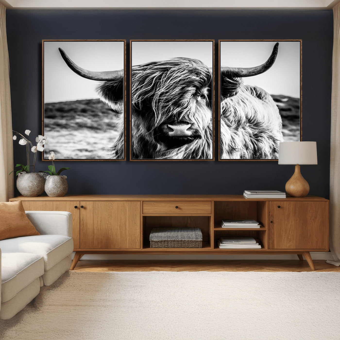54309-MGV-CV-36X24 - Black and White Scottish Cow Canvas Wall Art Highland Cattle Canvas Print Framed Ready to Hang Original Cotton Canvas High Quality Image Multi Panel Wall Art Printable Artwork for Walls