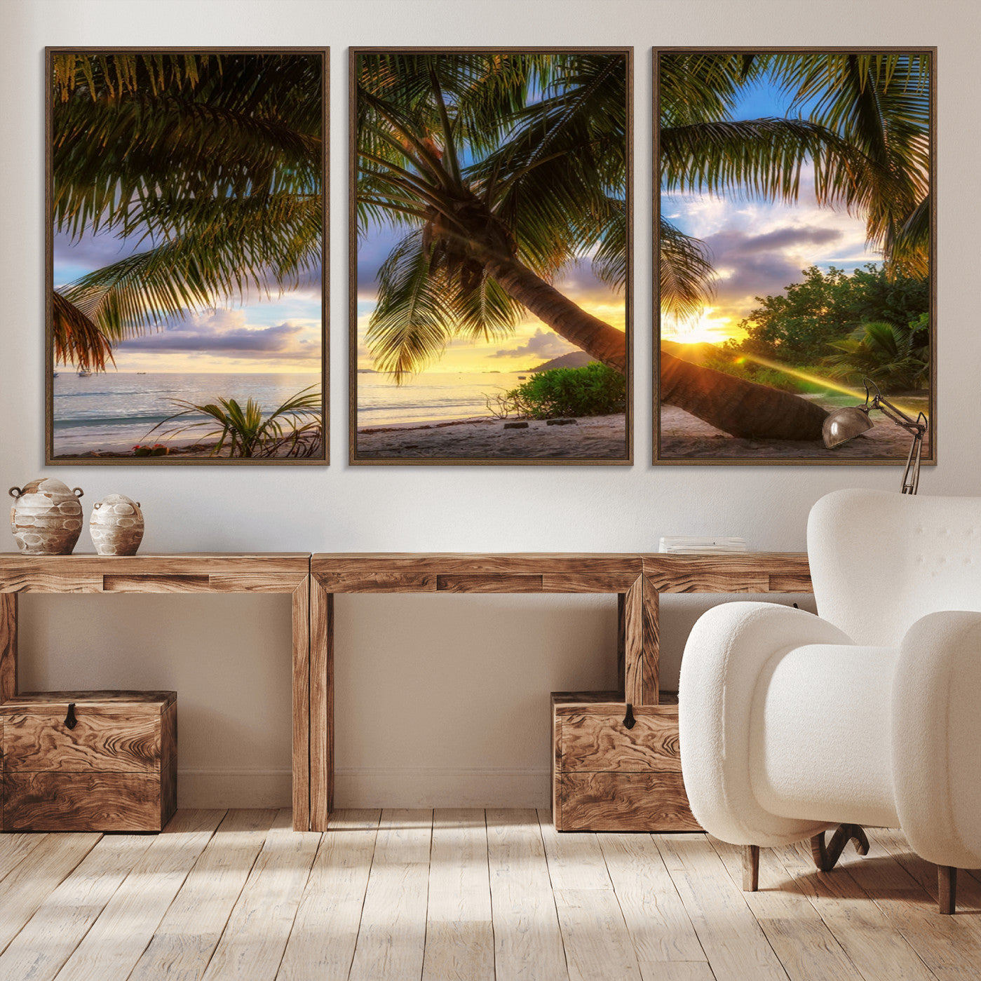 -Tropical Island Sunset on the Beach Palms Wall Art Canvas Print