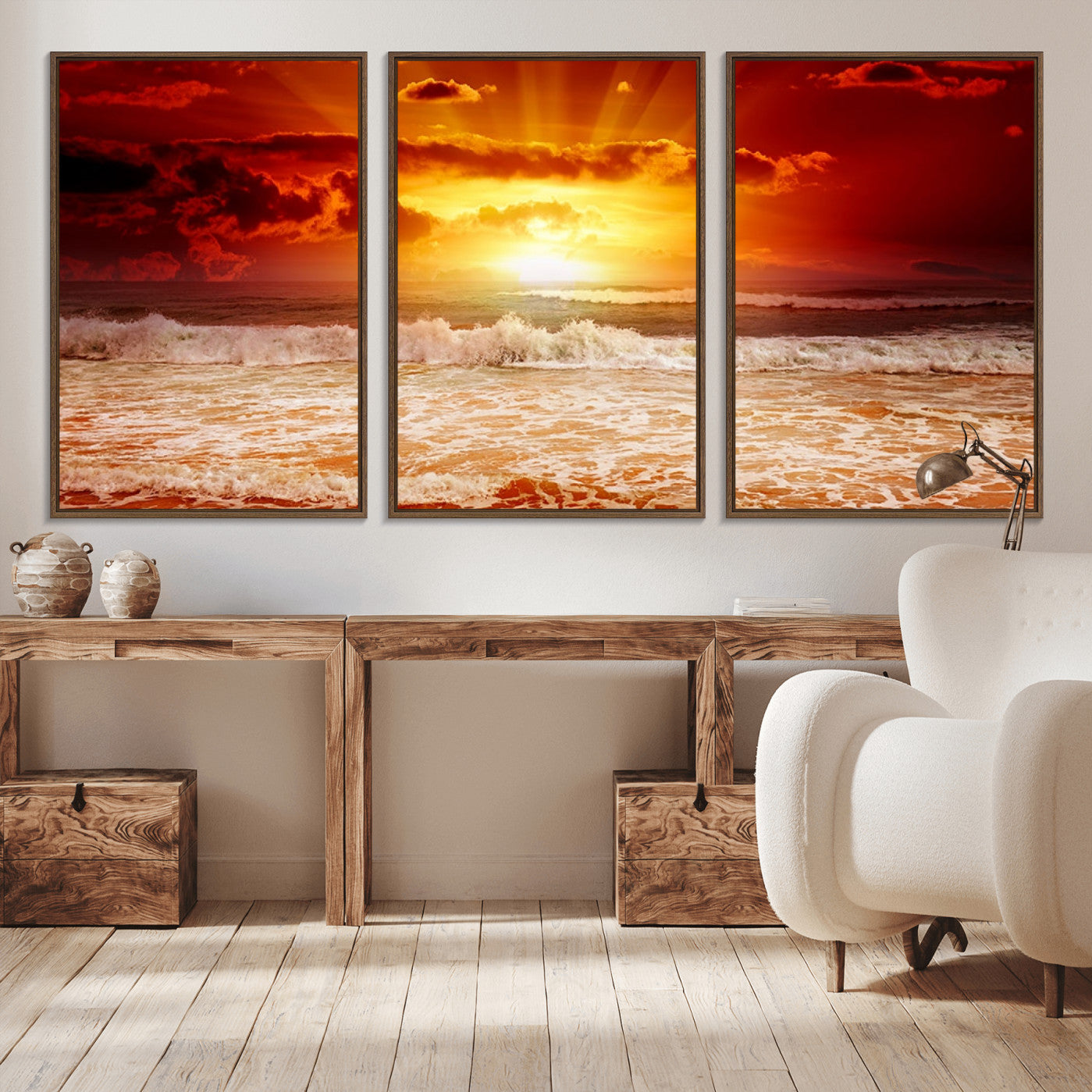 -Red Sunset Ocean Beach Canvas Wall Art Beach Canvas, Coastal Sunset Print