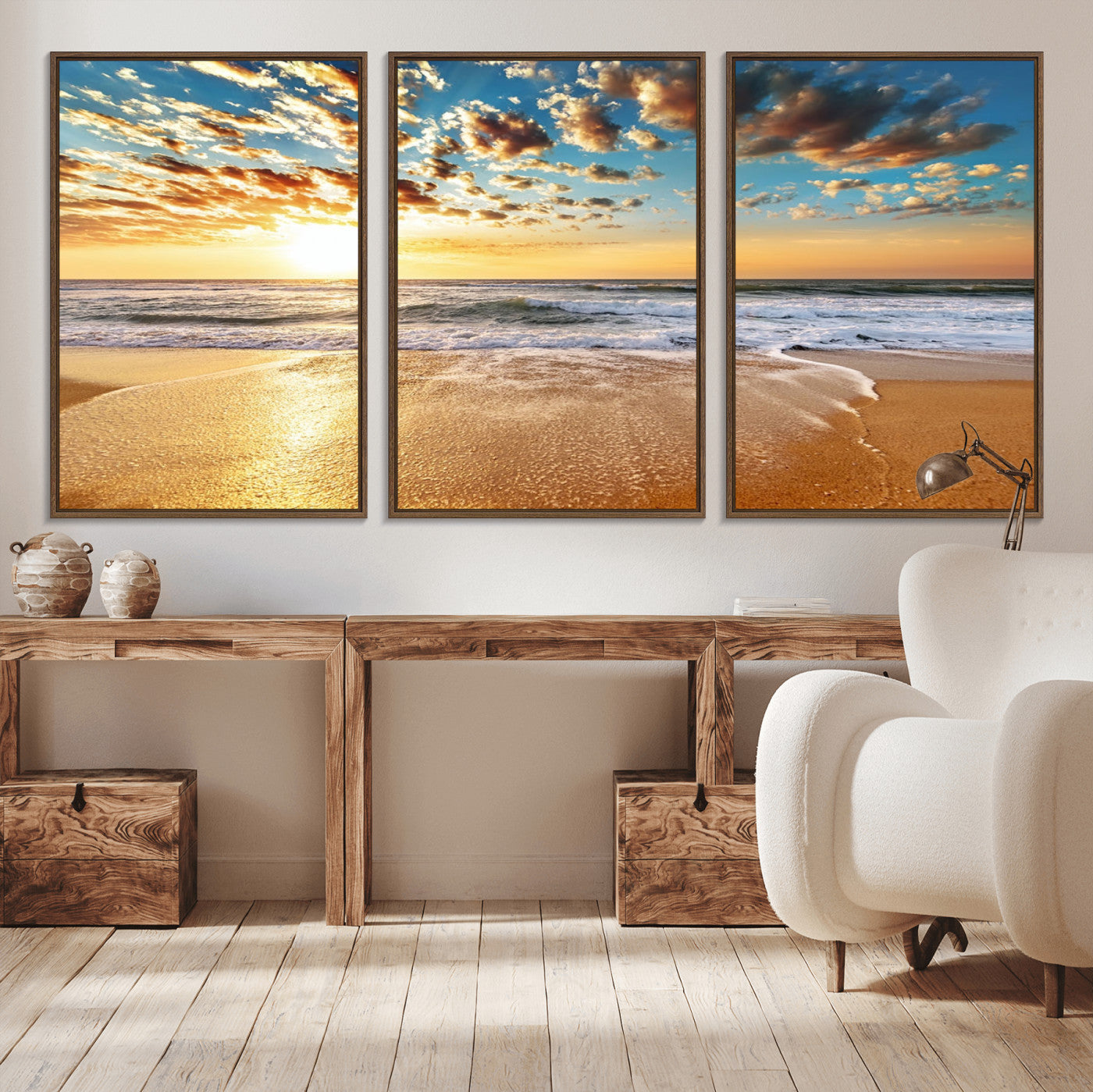 30822-MGV-CV-36X24-Golden Sunset Beach Print Canvas Wall Art, Giclee Canvas Print with Canon Print Quality, Triptych