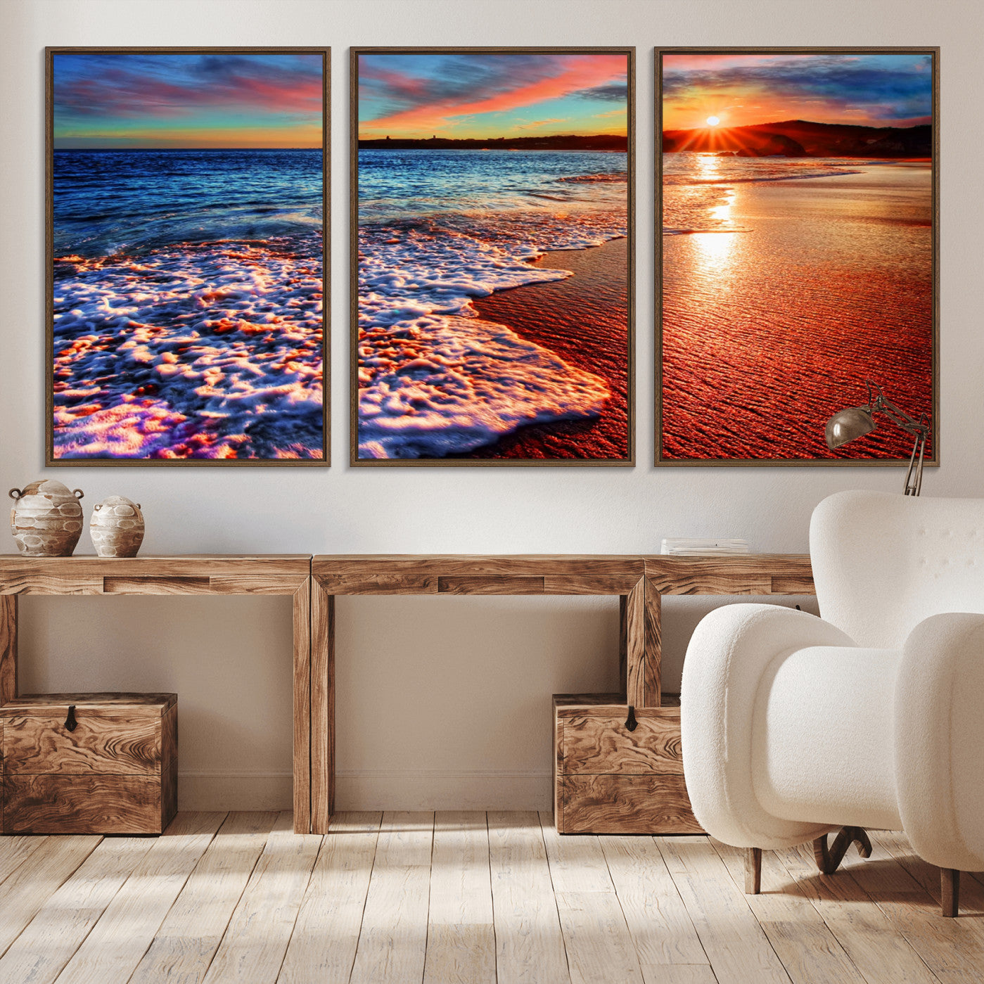 -Colorful Coastal Sunset on the Beach Canvas Print, Ocean Waves Crashing at Dusk, Multi-Panel