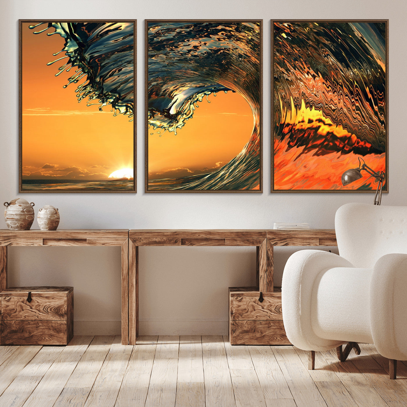 -Surf Wave Sunset Canvas Wall Art Print, 3-Panel Ocean Coastal Wall Art Print, Ocean Decor for