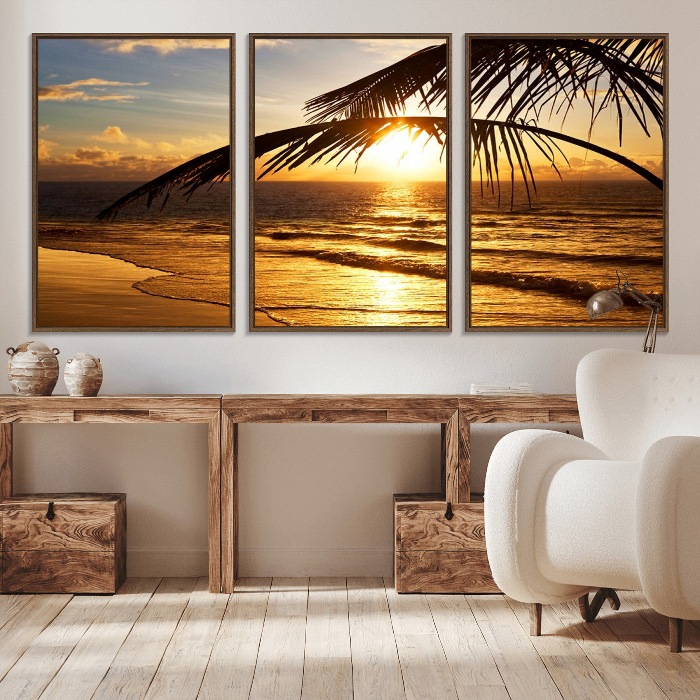 -Golden Tropical Beach Sunset Canvas Triptych, Coastal Palm Tree Wall Art, Ocean Shoreline Giclee