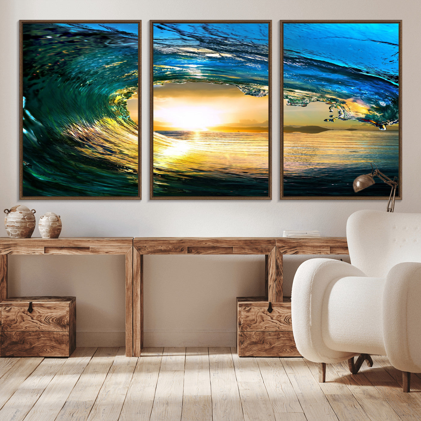 -Ocean Wave at Sunset Canvas Art, Large Wall Print of Vibrant Water Waves, Coastal Art for Living