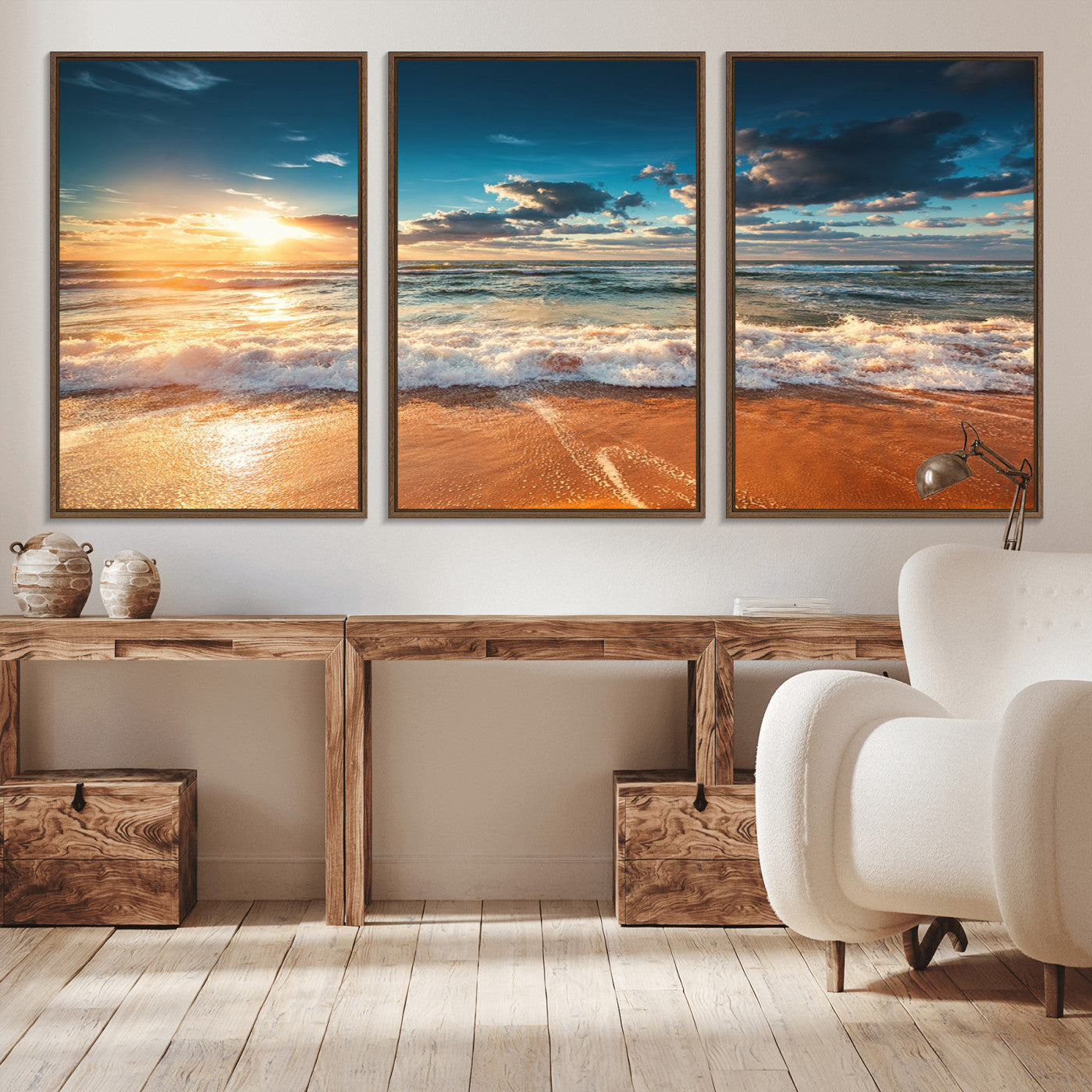 -Golden Sunset Beach Triptych Canvas Art, Giclee Coastal Wall Decor, Ocean Waves Print, Modern Beach