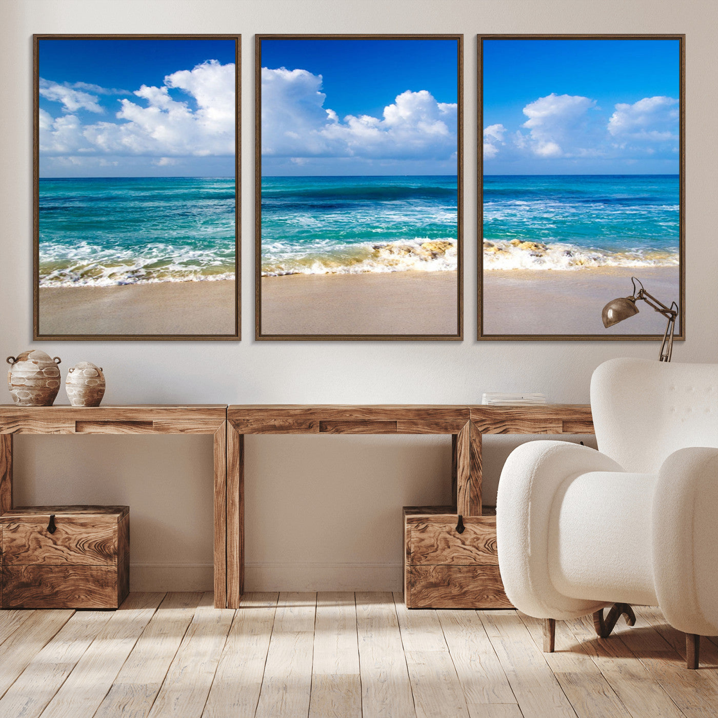 -Tropical Beach 3-Panel Canvas Wall Art – Serene Ocean Waves and Blue Sky Wall Art Print