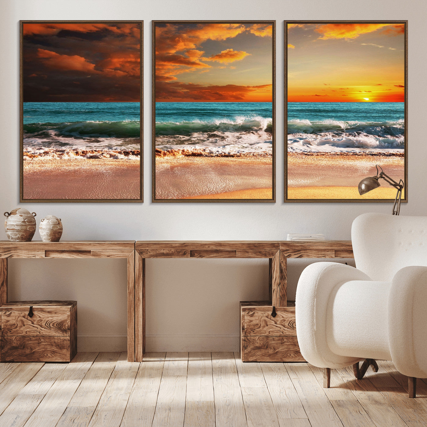 -Golden Sunset Beach Canvas Wall Art – Triptych Seascape Print – Framed and Ready to Hang for Living